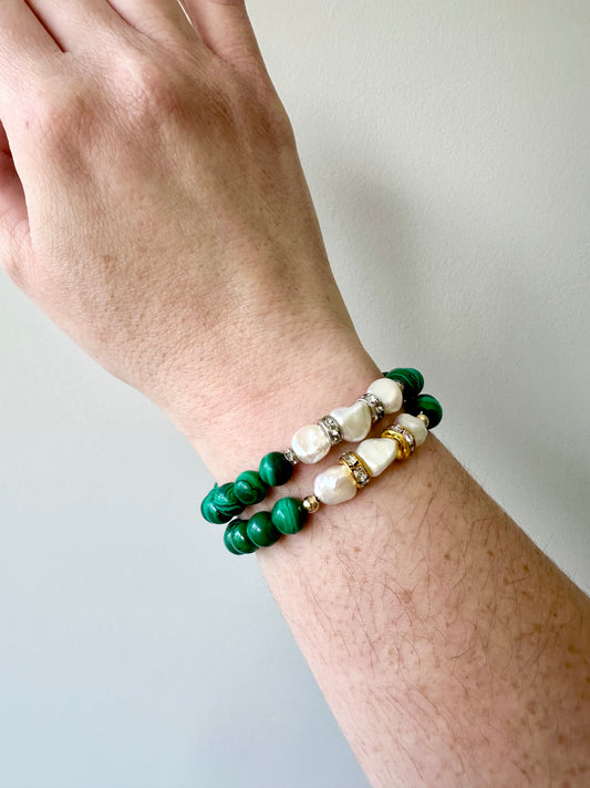 Daphne - Freshwater Pearl and Malachite Gemstone Bracelets