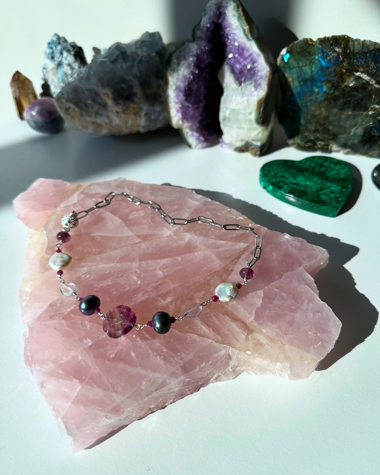 Lolli-Lolli-Lollipop - Fluorite, Ruby, Tanzanite, Black Pearl and Freshwater Pearl Gemstone Necklace