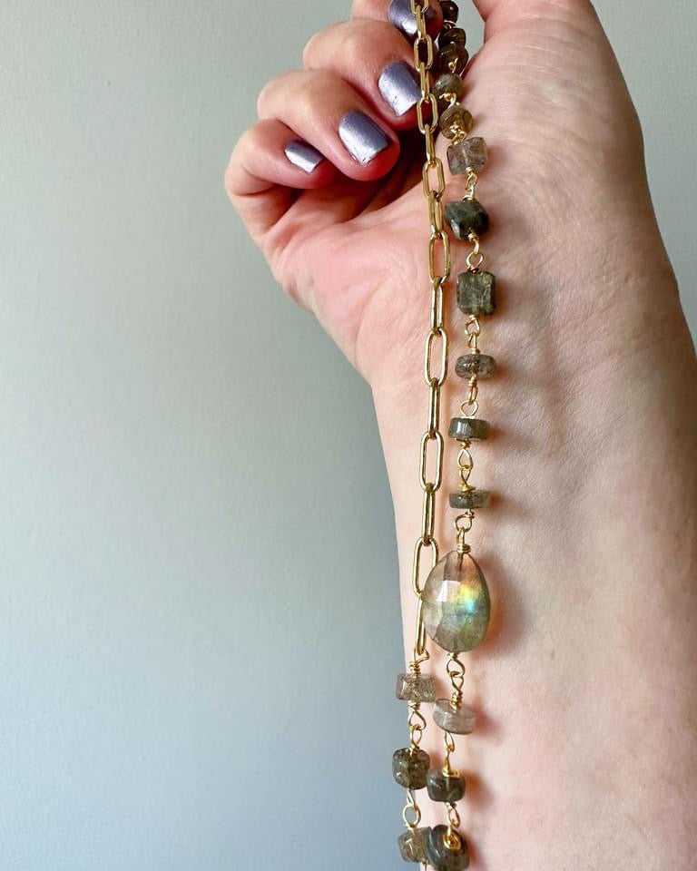 Demi - Half Gemstone Half Paperclip Chain Necklace