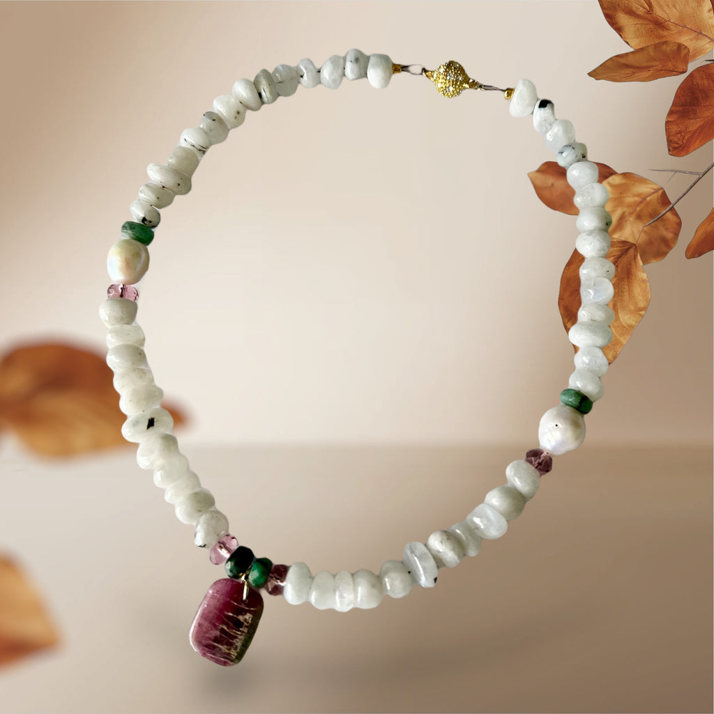 Meet Me at the Orchard Gemstone Necklace - Moonstone, Freshwater Pearl, Emerald, Pink Amethyst and Tourmaline | Handmade Jewelry
