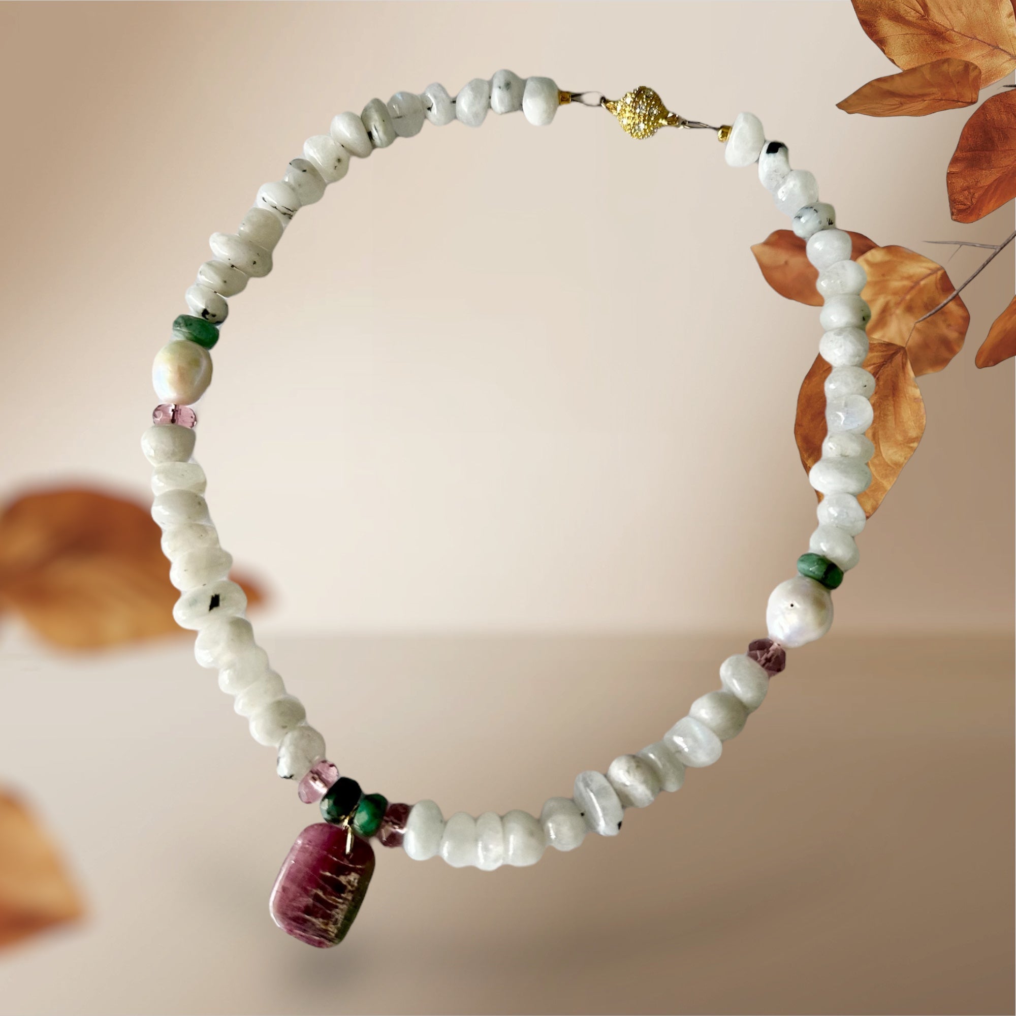 Meet Me at the Orchard Gemstone Necklace - Moonstone, Freshwater Pearl, Emerald, Pink Amethyst and Tourmaline | Handmade Jewelry