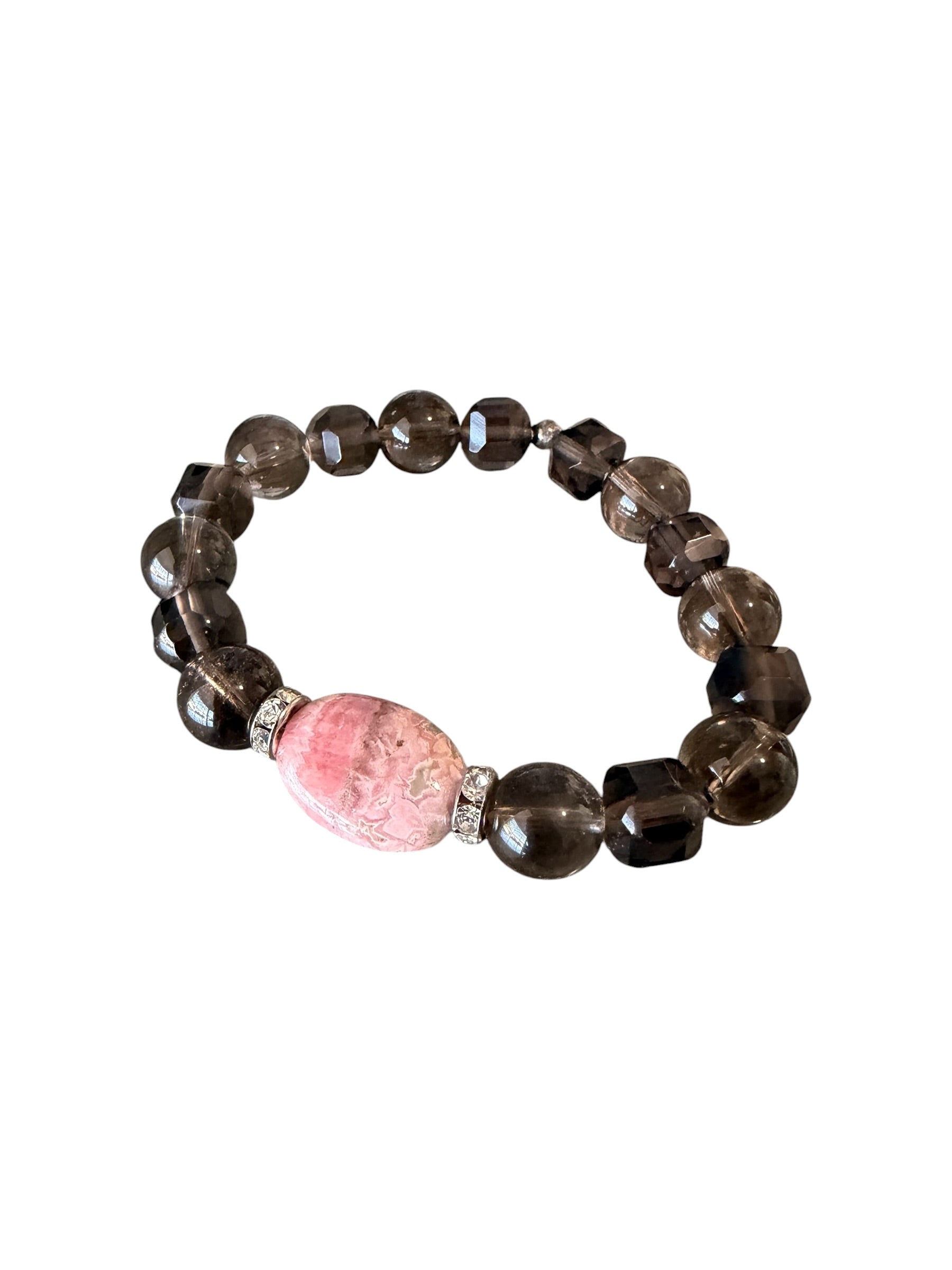Smoke & Roses — Handcrafted Smoky Quartz, Rhodochrosite & Pavé Diamond Bead Bracelet