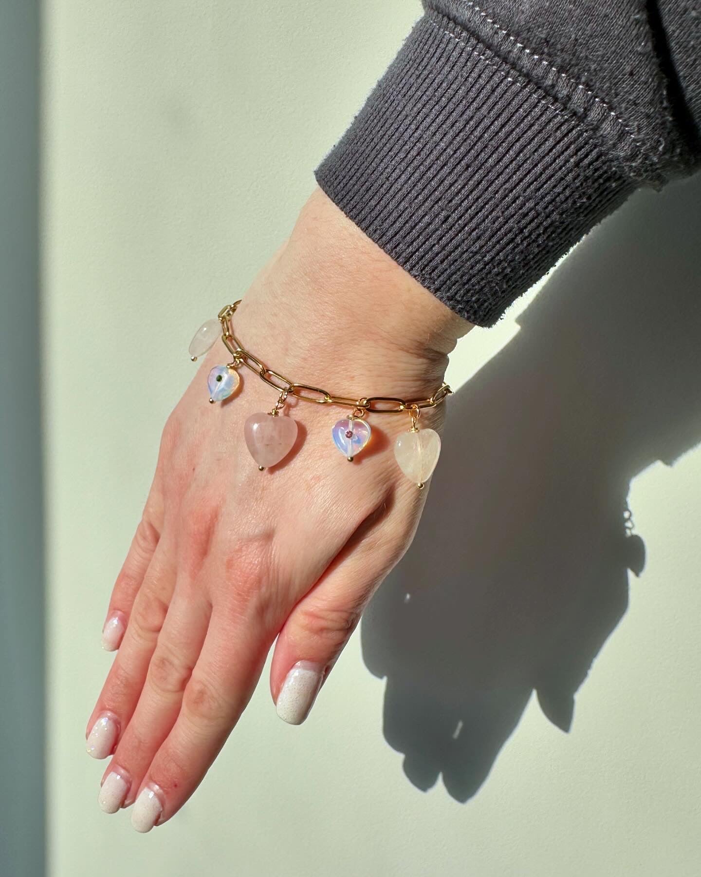 XOXO - Rose Quartz and Opalite Gemstone Charm Bracelet