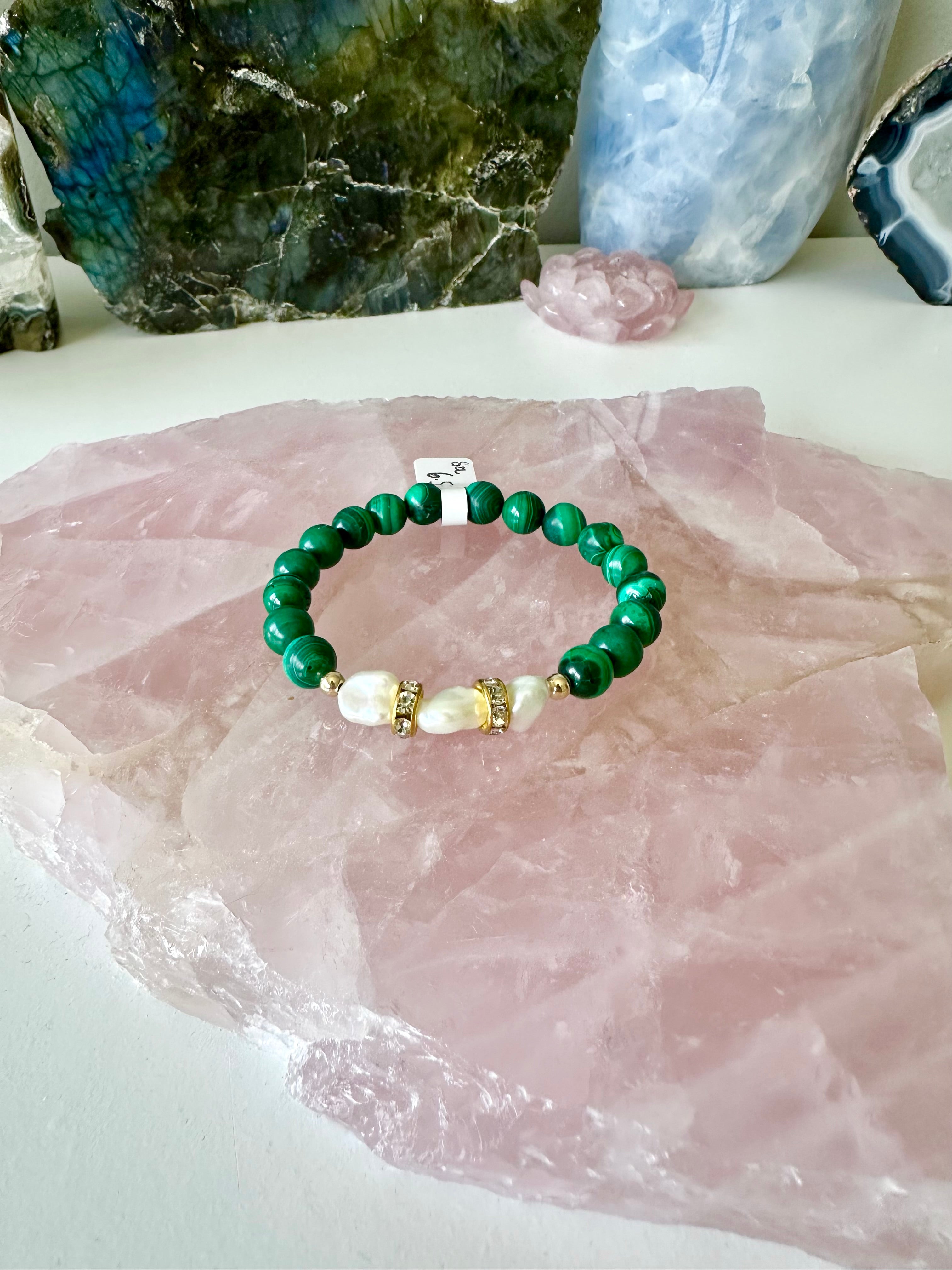 Daphne - Freshwater Pearl and Malachite Gemstone Bracelets