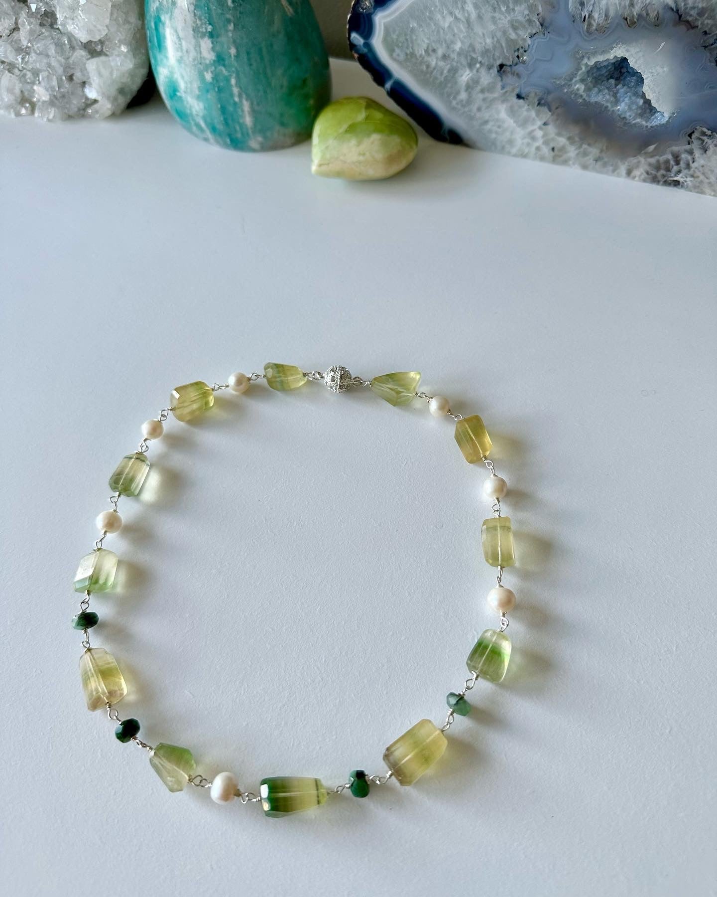 Daisy - Fluorite, Emerald, Freshwater Pearl Gemstone Necklace