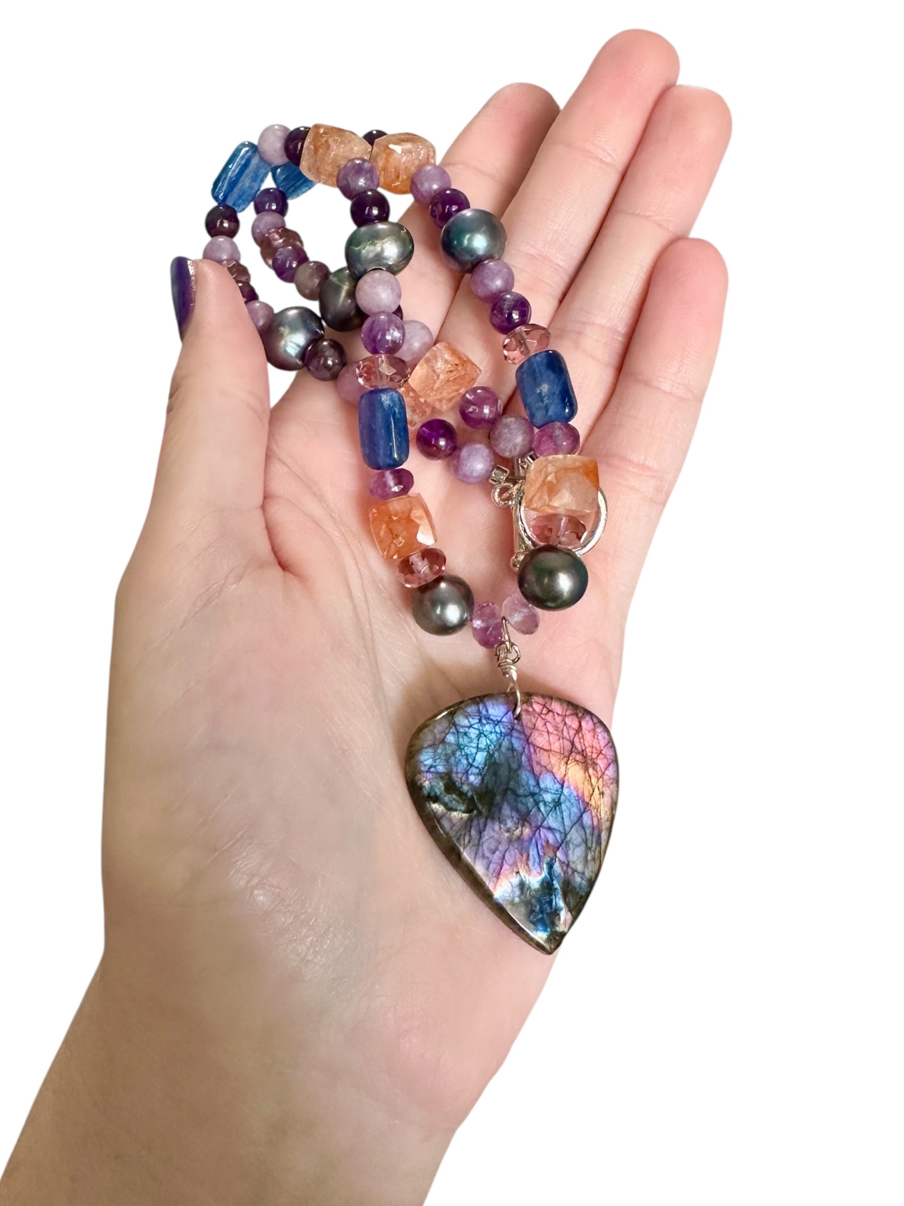 Spellbound Gemstone Necklace - Labradorite, Tahitian Black Pearl, Kyanite, Sunstone, Amethyst and Lepidolite | Handmade Jewelry