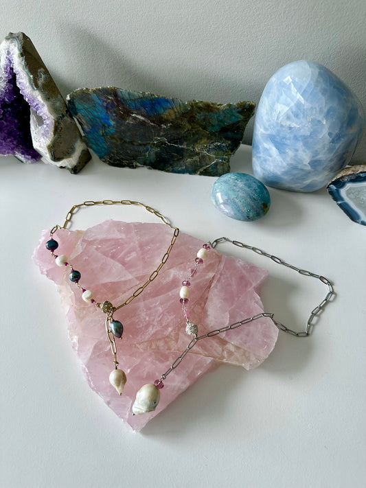 Lulu - Cascading Pearl and Gemstone Paperclip Chain Lariat Necklace