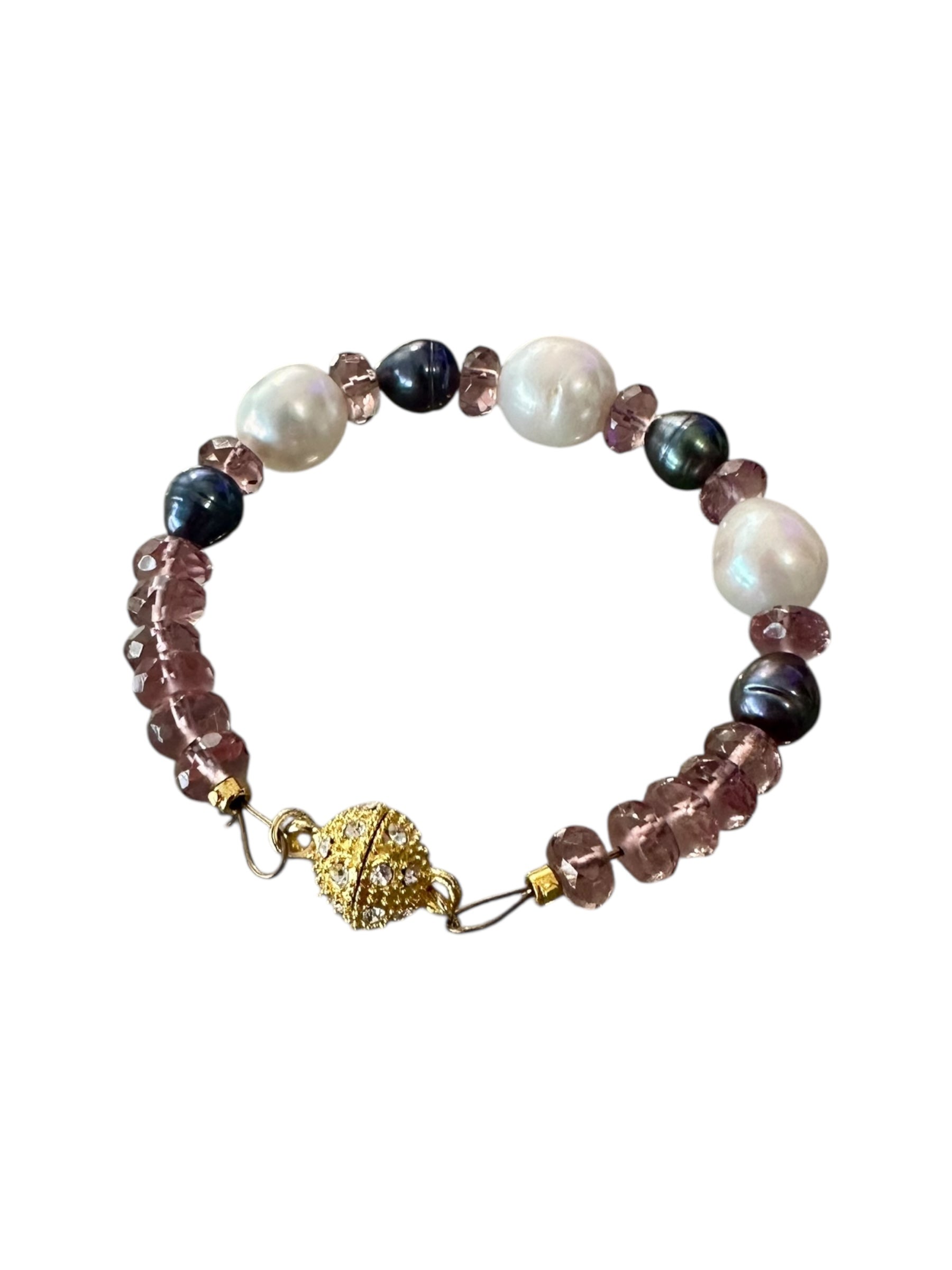 Resort Ready Gemstone Bracelet - Tahitian Black Pearl, Freshwater Pearl and Pink Amethyst | Handmade Jewelry
