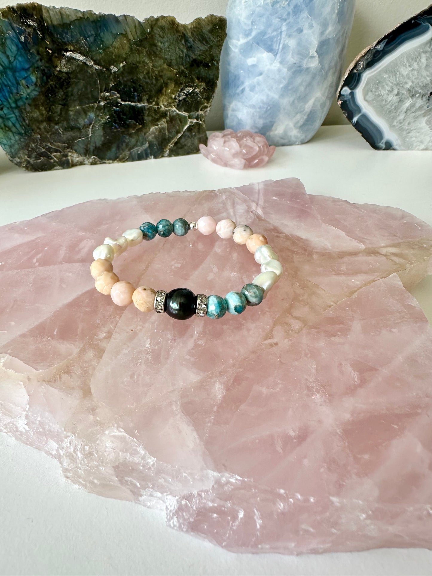 Toucan - Black Pearl, Pink Opal, Freshwater Pearl and Apatite Gemstone Bracelet