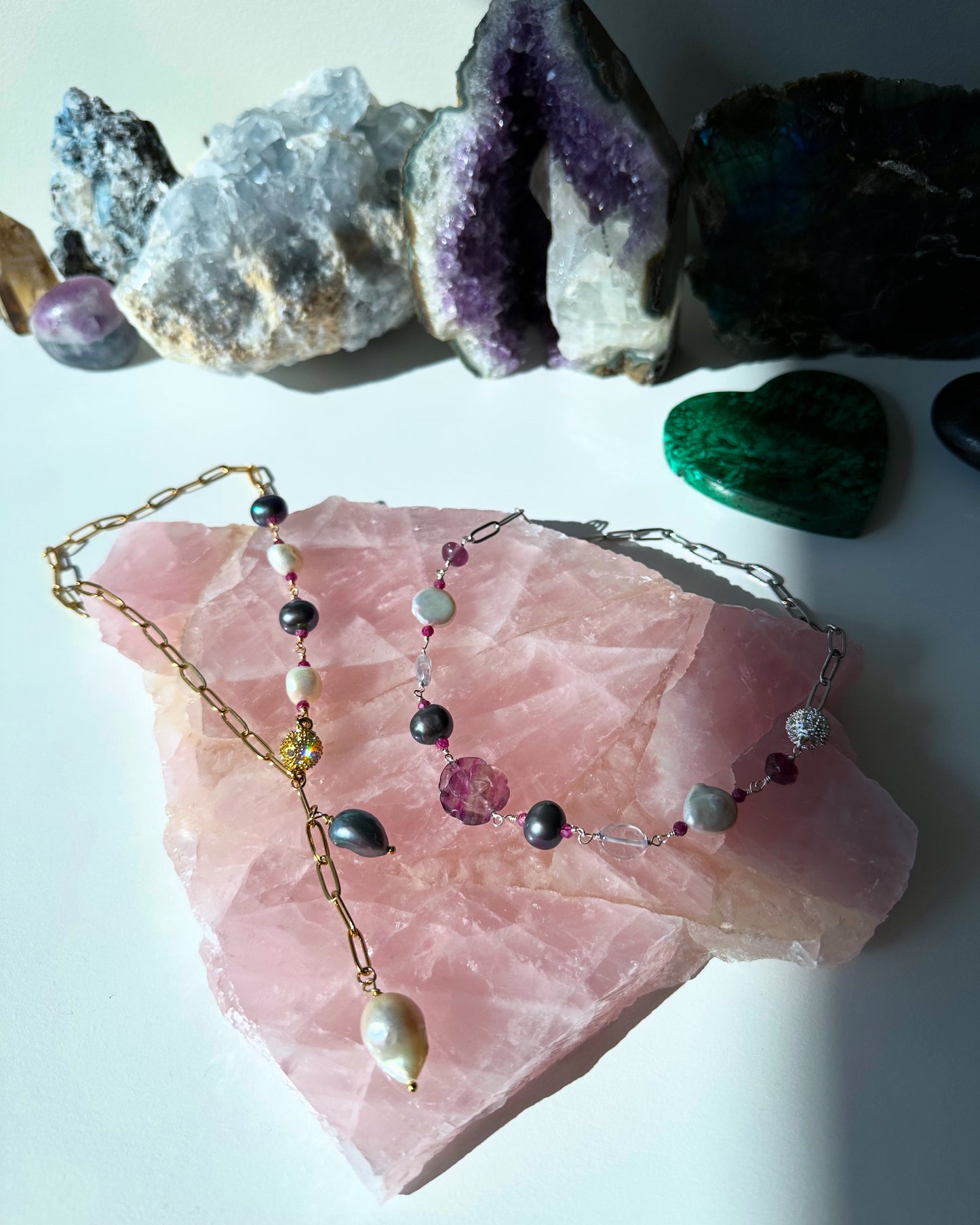 Lolli-Lolli-Lollipop - Fluorite, Ruby, Tanzanite, Black Pearl and Freshwater Pearl Gemstone Necklace