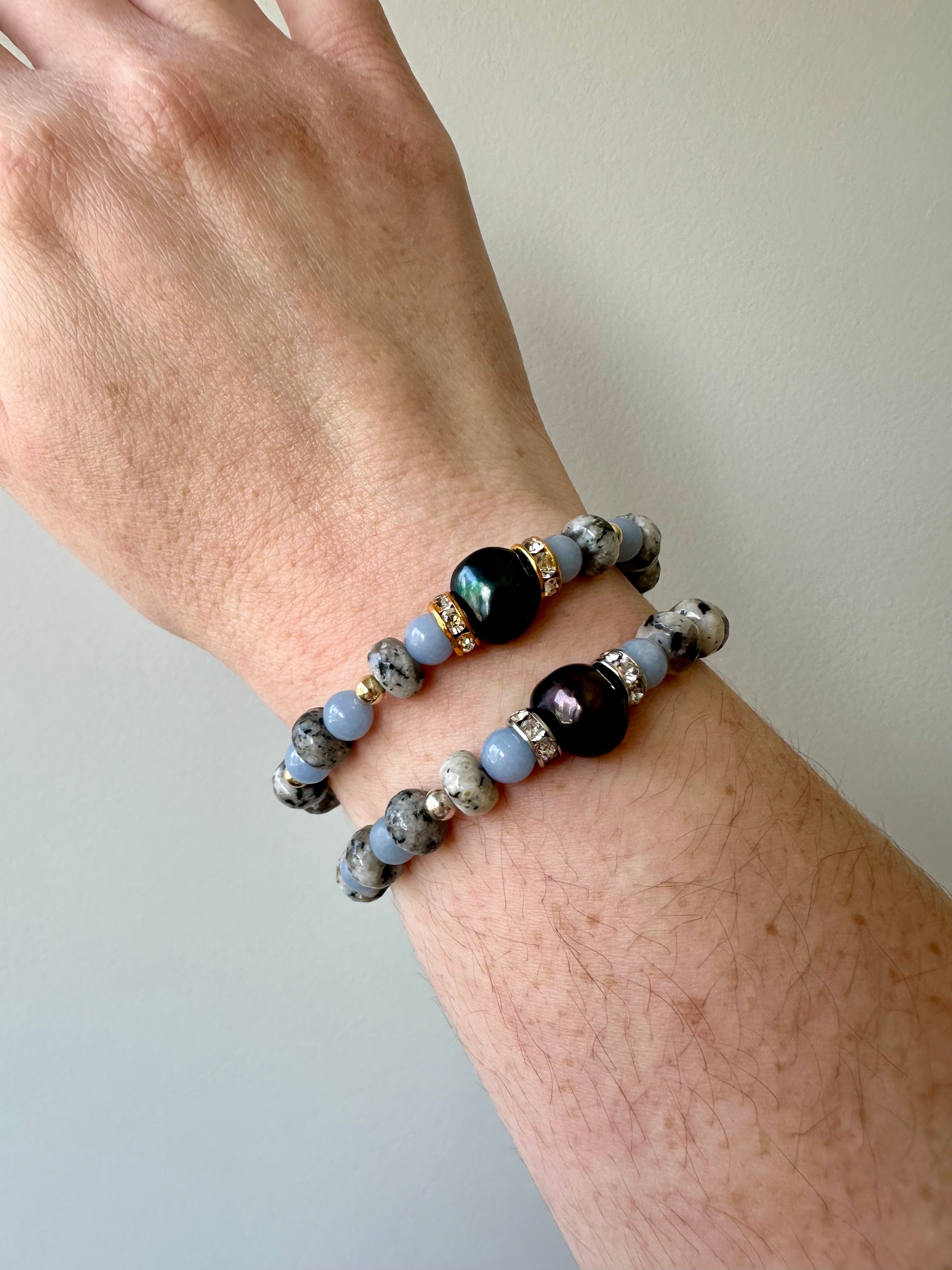 Royal - Black Pearl, Sesame Jasper and Angelite Gemstone Bracelets