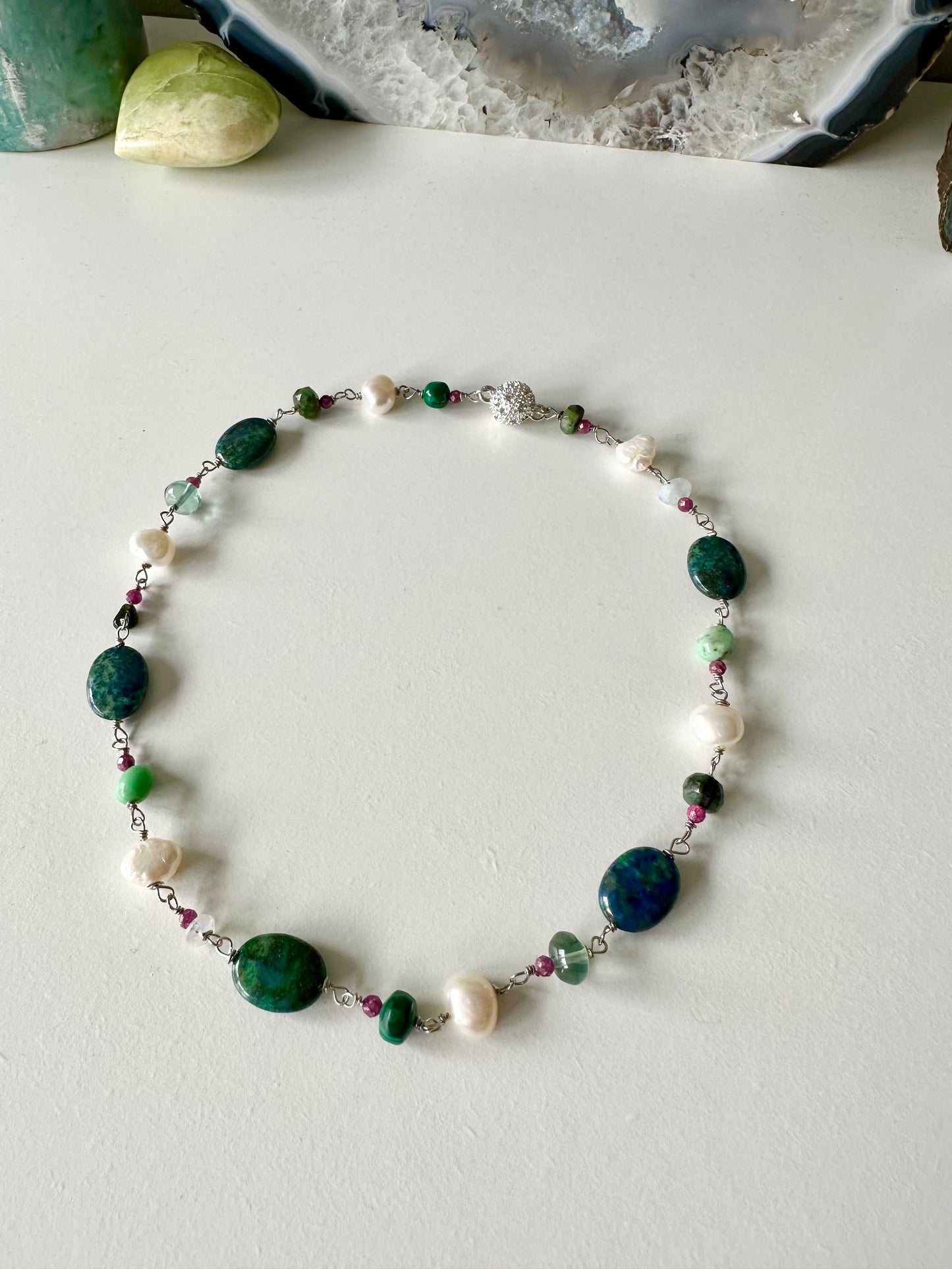 Lilly - Ruby, Malachite, Fluorite, Moonstone, Chrysoprase, Chrysocolla, Tourmaline, Emerald and Freshwater Pearl Gemstone Necklace