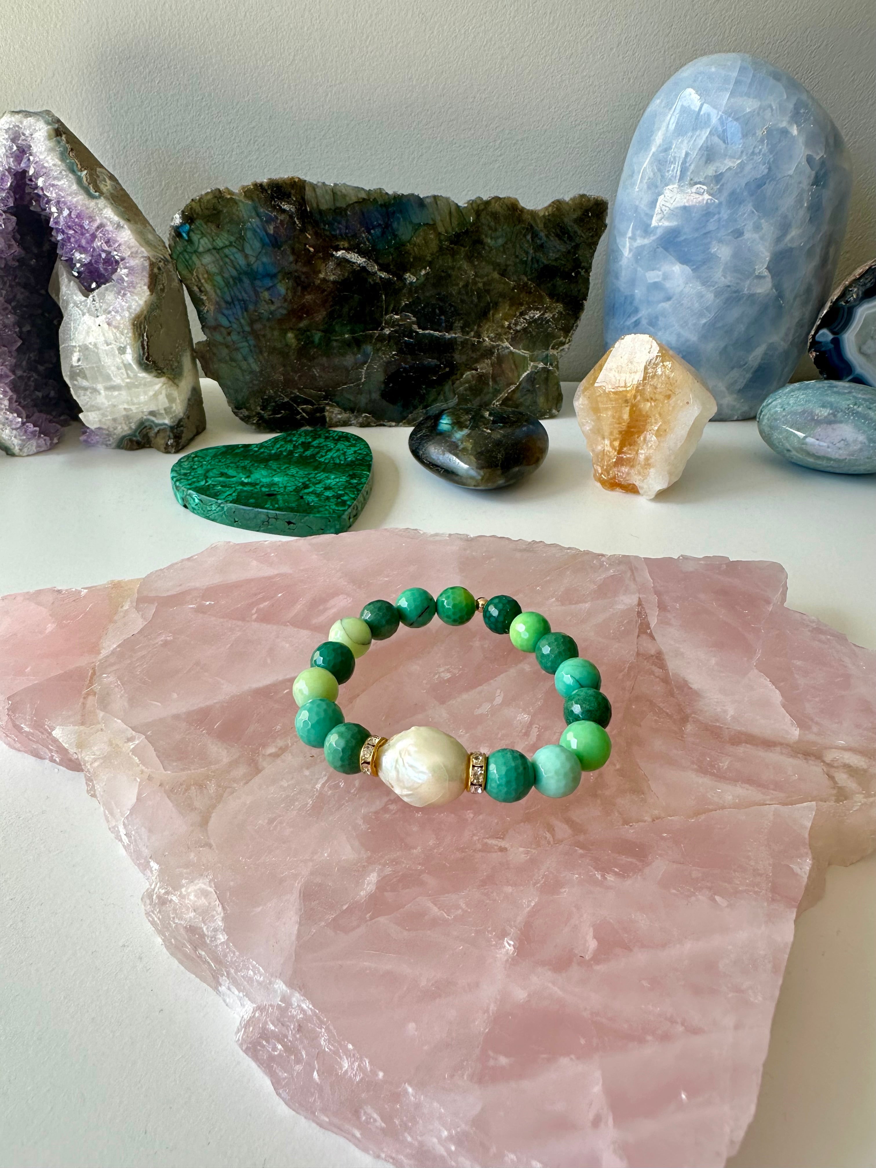 Hailey - Baroque Pearl, Rose Quartz, Chrysoprase and Amazonite Gemstone Bracelets