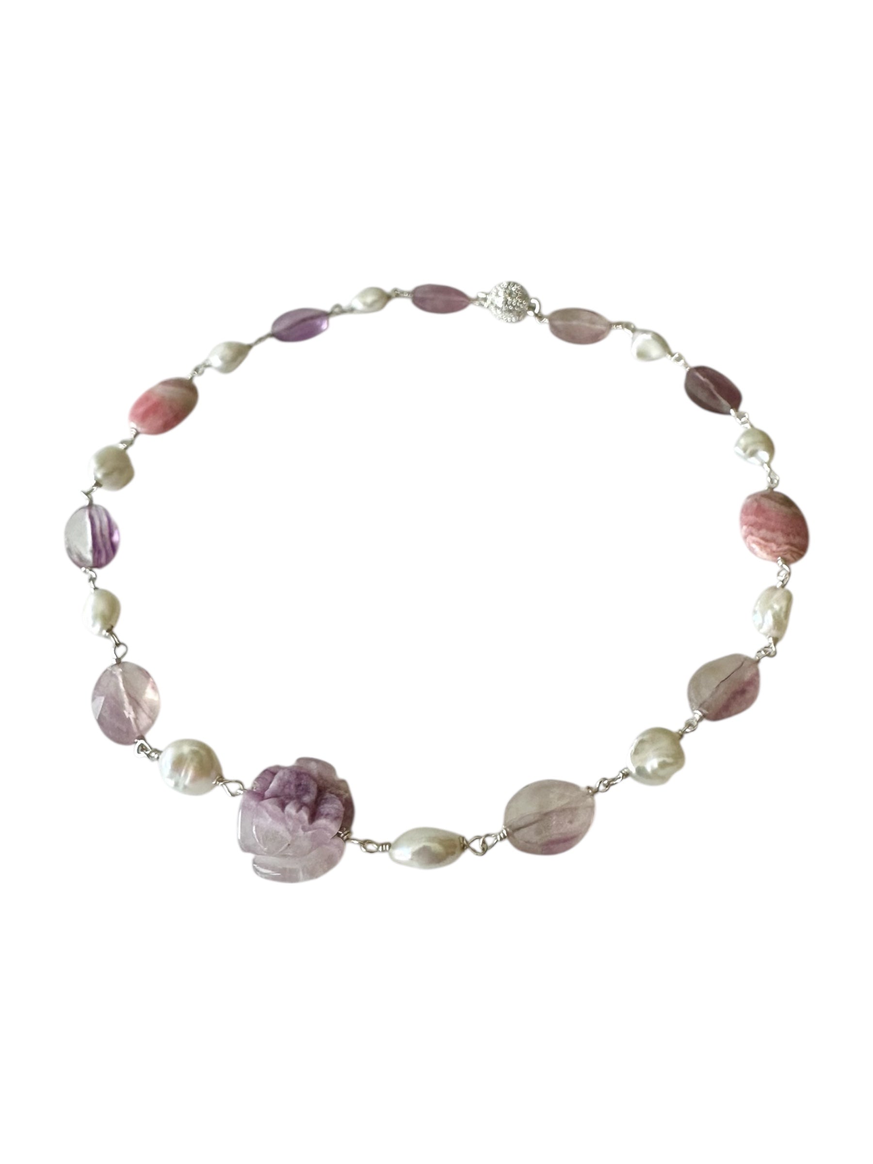 Francesca Gemstone Necklace - Fluorite, Rhodochrosite and Freshwater Pearl | Handmade Jewelry