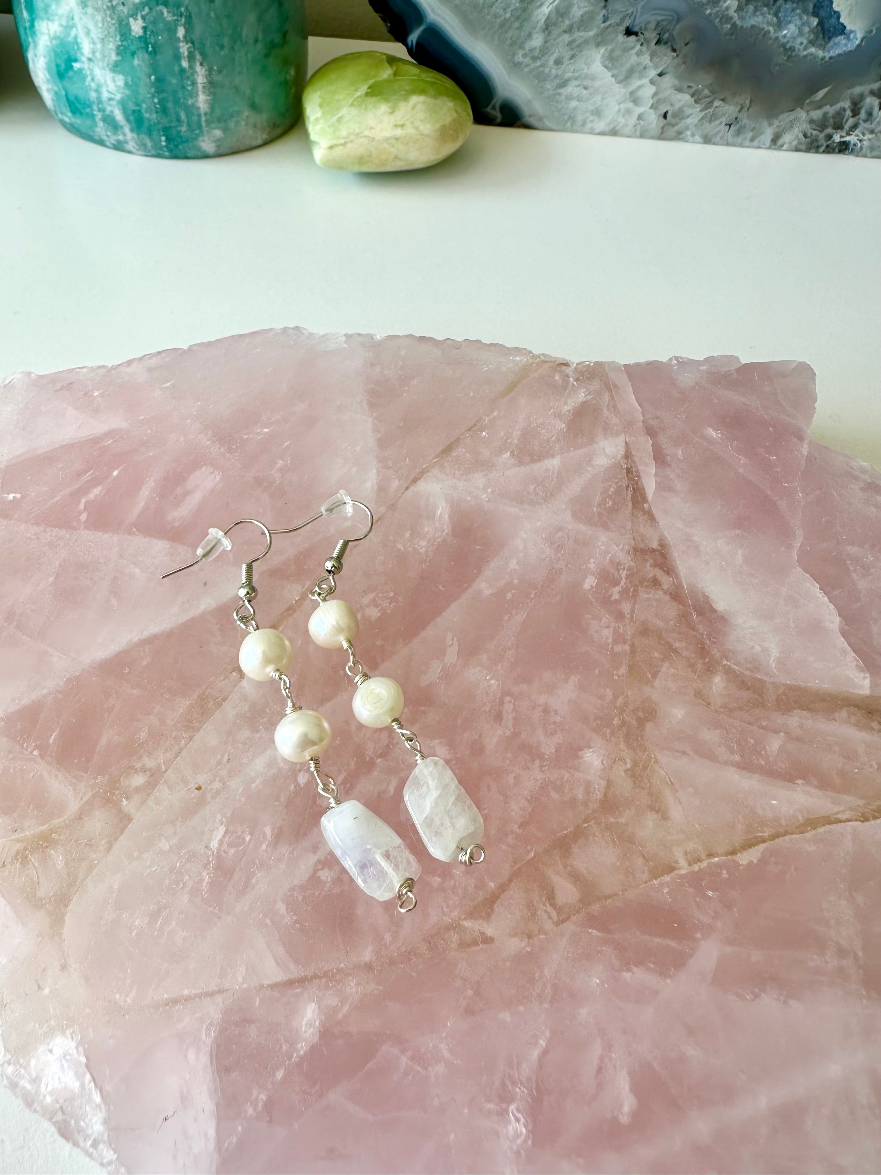 Elli - Moonstone and Freshwater Pearl Gemstone Earrings
