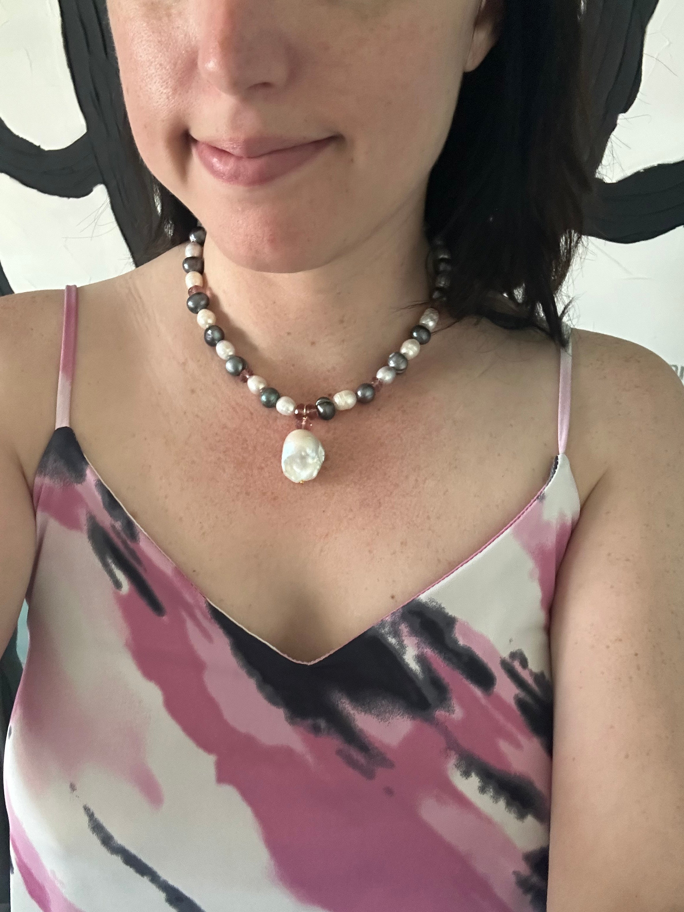 Resort Ready - Tahitian Black Pearl, Freshwater Pearl and Pink Amethyst Gemstone Necklace