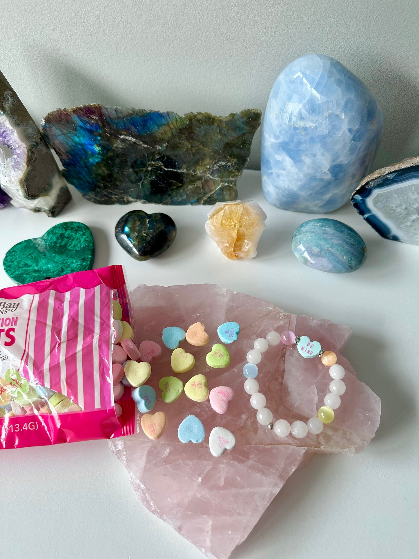 Candy Hearts - Valentine’s Day Candy Hearts and Selenite Gemstone Bracelets