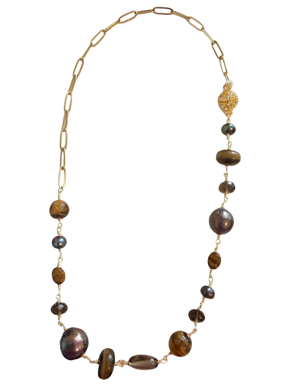 Golden Dusk — Tiger’s Eye, Pearl & Smoky Quartz Necklace