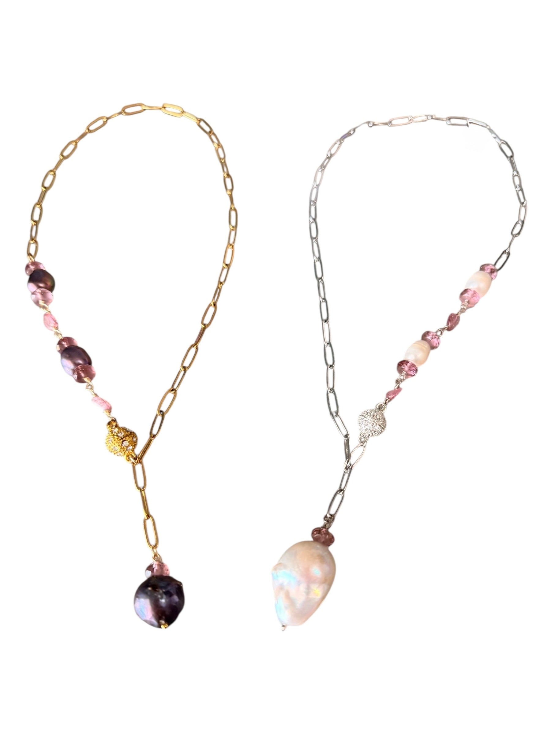 Eloise Gemstone Necklace - Cascading Pearl and Paperclip Chain Lariat Necklace | Trust, Wisdom and Peace