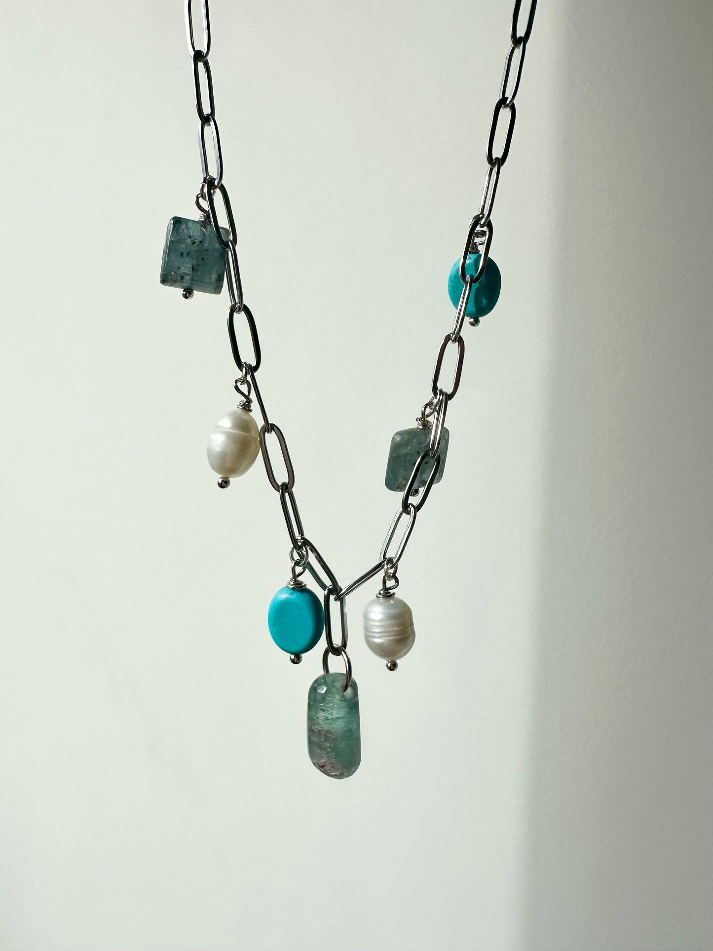 Blue Raspberry - Blue Tourmaline, Kyanite, Freshwater Pearl and Turquoise Gemstone Charm Necklace