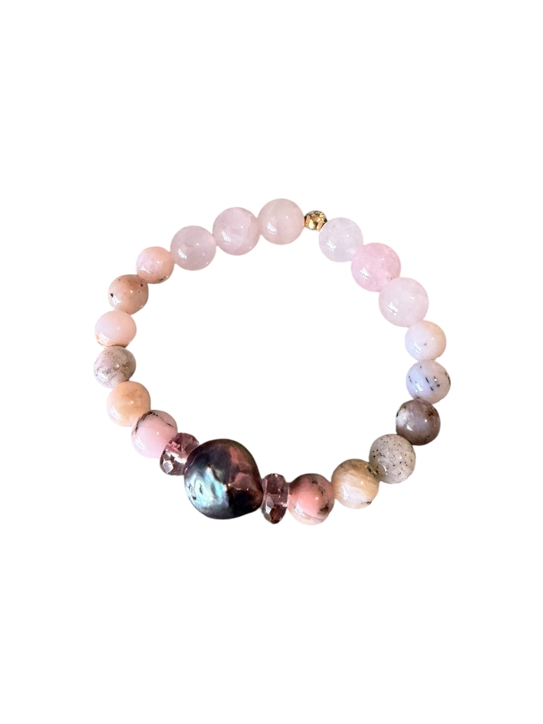 Shell-a-brate — Handcrafted Tahitian Black Pearl, Pink Opal, Rose Quartz & Pink Amethyst Bracelet