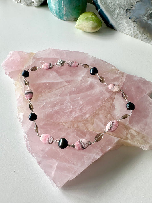 Heather - Rhodochrosite, Black Pearl and Smoky Quartz Gemstone Necklace