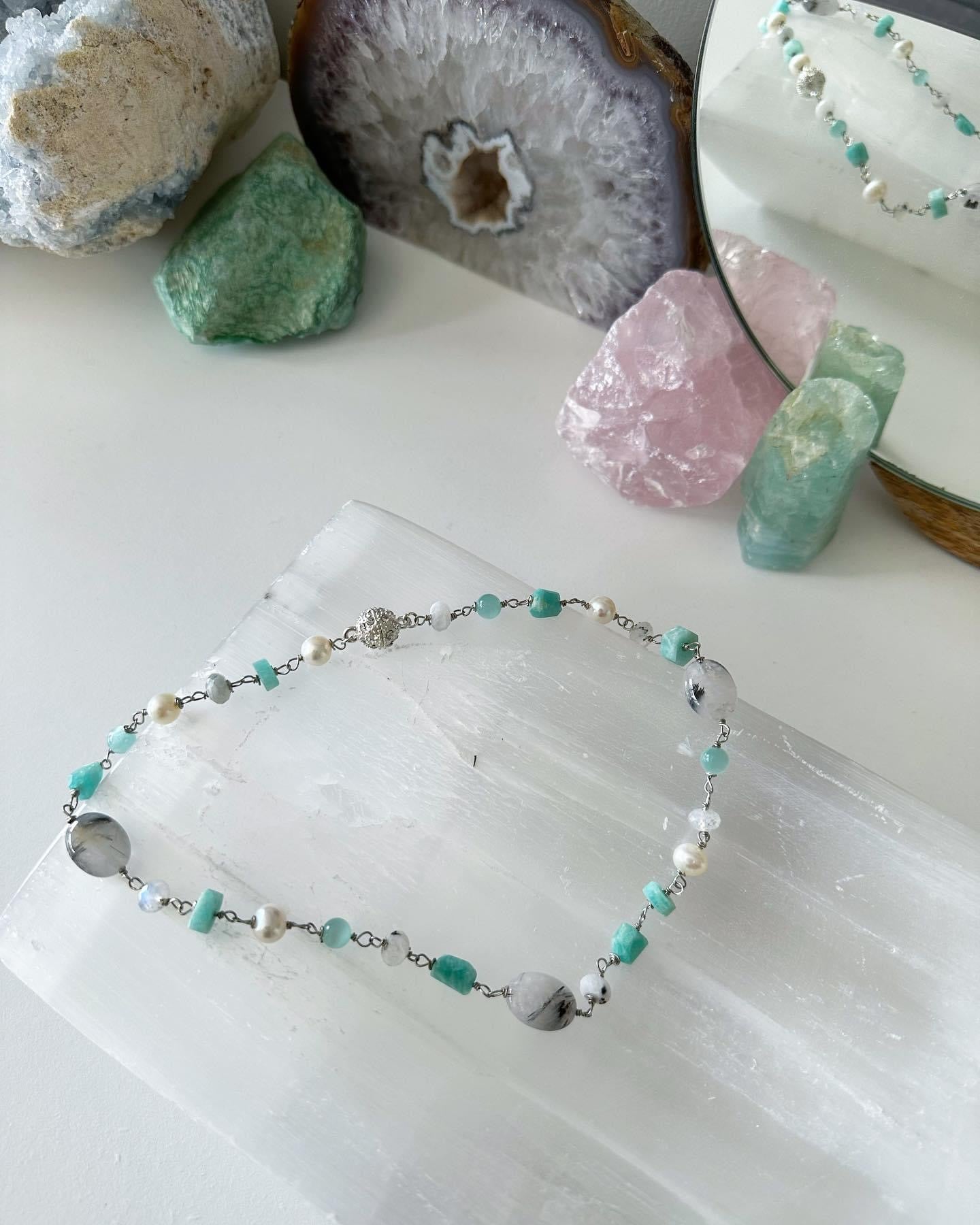 Naxos - Black Rutilated Quartz, Amazonite, Freshwater Pearl and Moonstone Gemstone Necklace