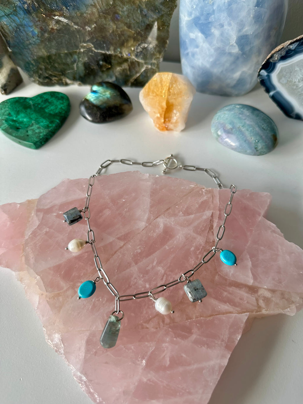 Blue Raspberry - Blue Tourmaline, Kyanite, Freshwater Pearl and Turquoise Gemstone Charm Necklace