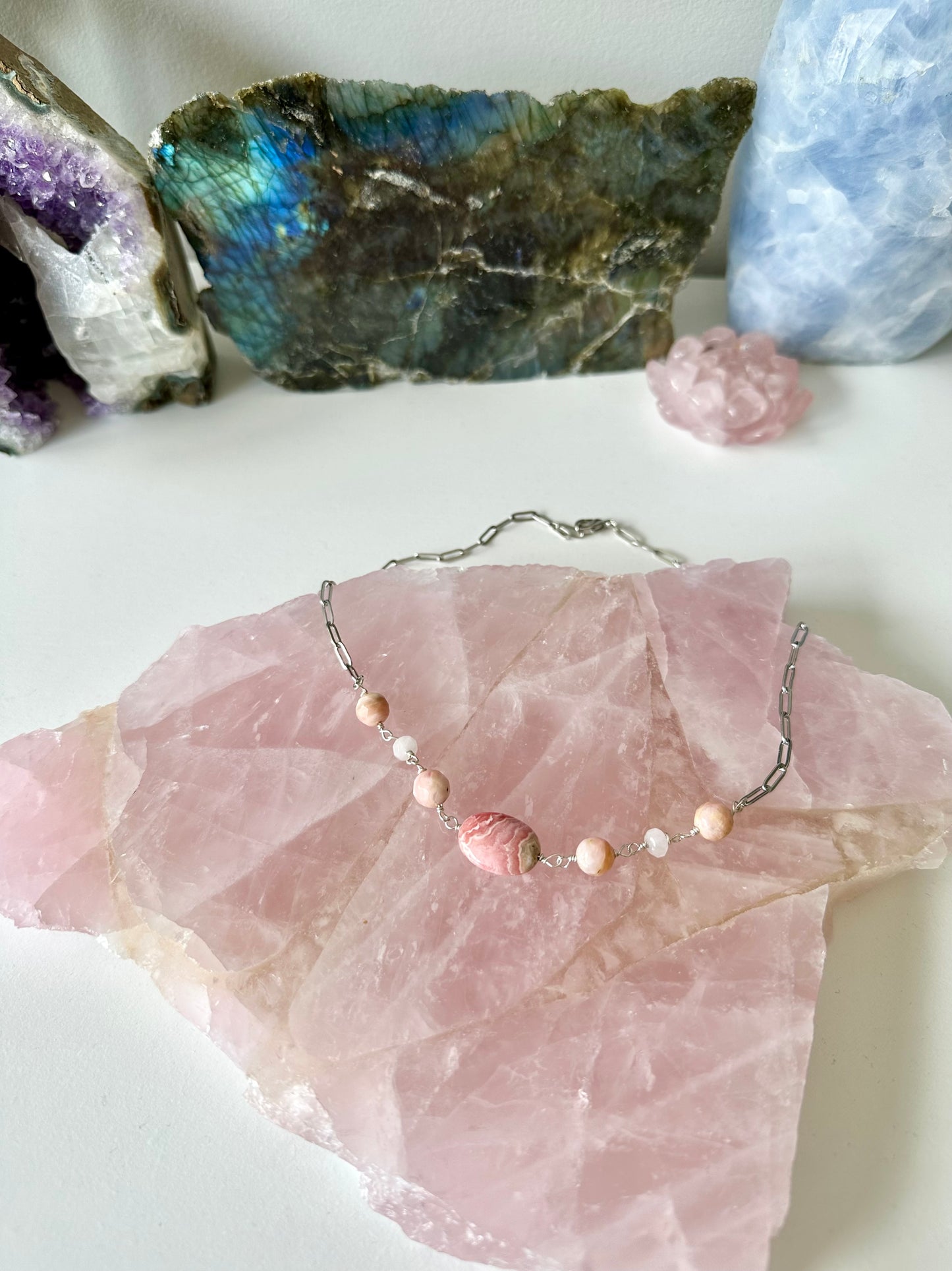 Flamingo - Rhodochrosite, Pink Opal and Rose Quartz Gemstone Necklace