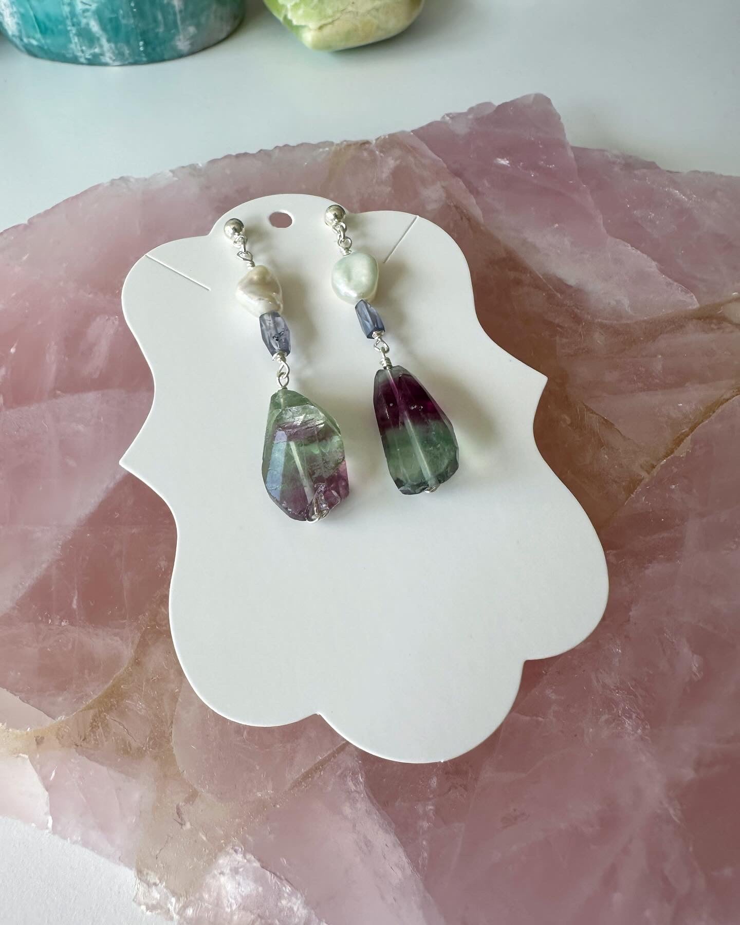 Poppy - Fluorite, Freshwater Pearl and Tanzanite Gemstone Earrings