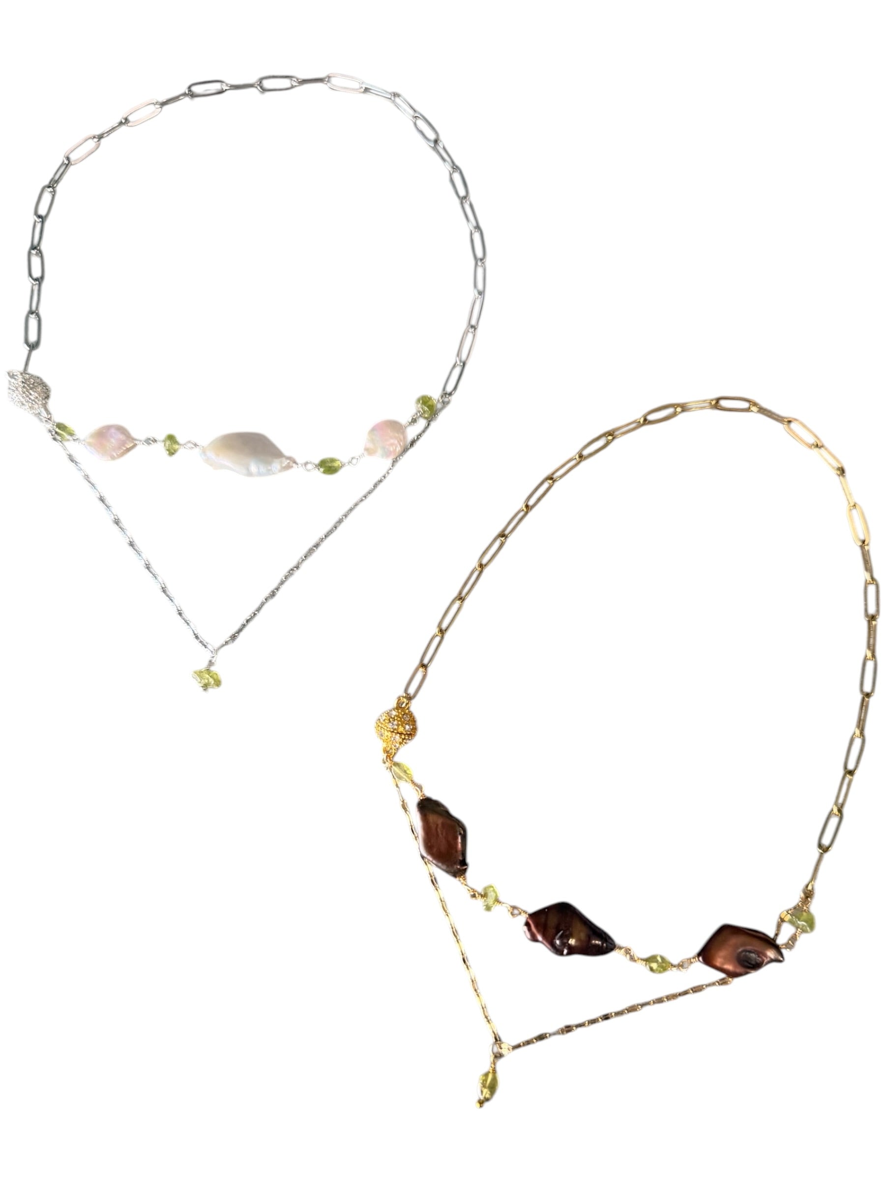 Duality — Handcrafted Double Chain Keishi Pearl & Peridot Necklace