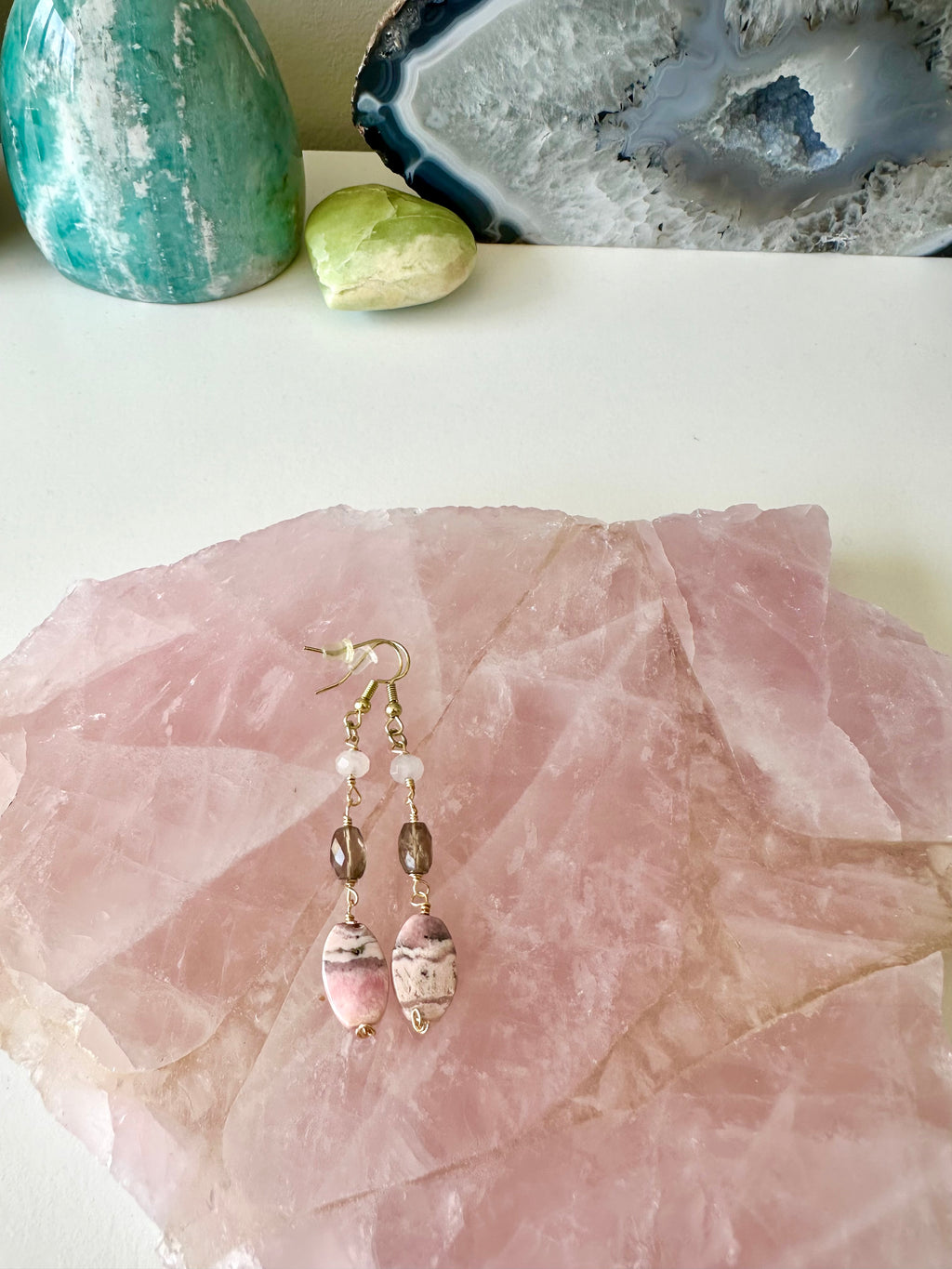 Penelope - Rhodochrosite, Rose Quartz and Smoky Quartz Gemstone Earrings