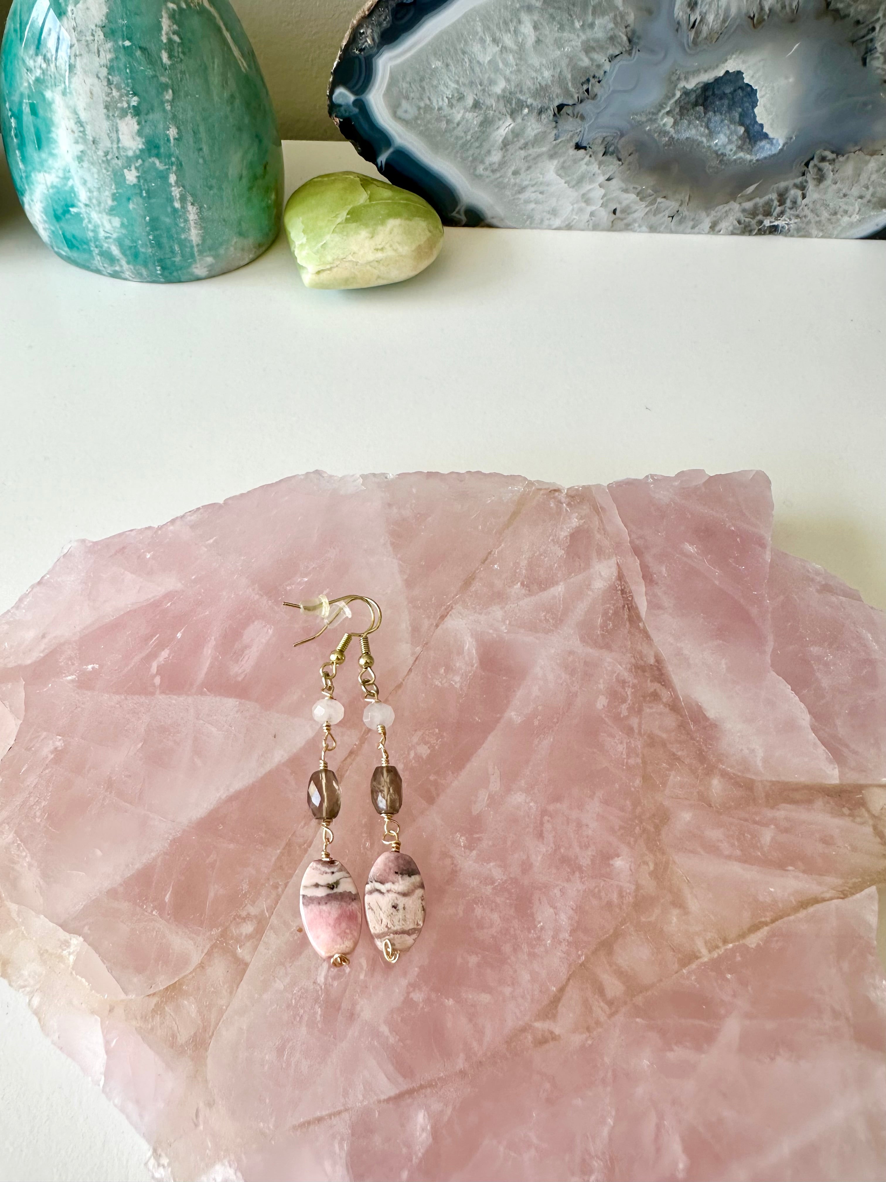 Penelope - Rhodochrosite, Rose Quartz and Smoky Quartz Gemstone Earrings