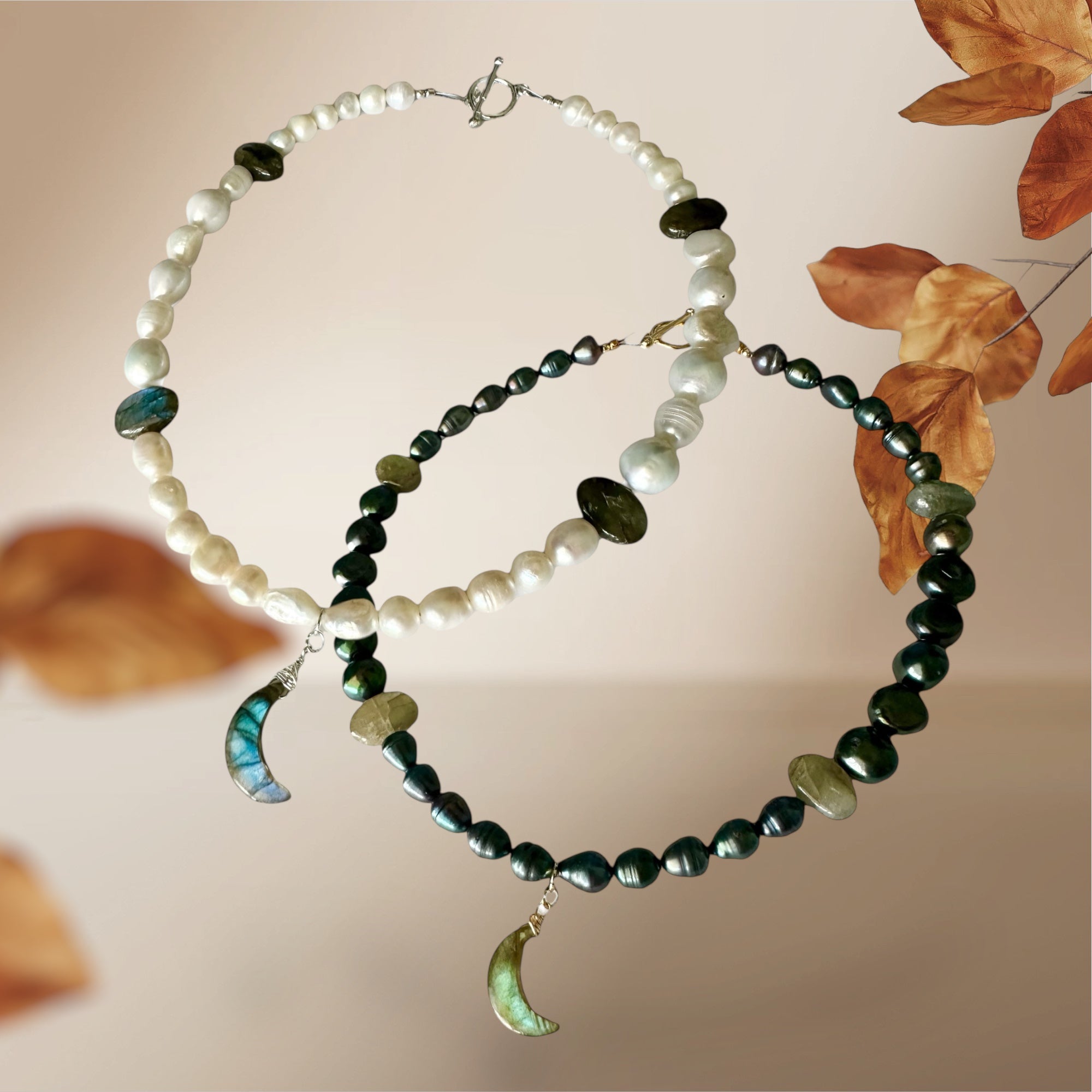 Harvest Moon Gemstone Necklaces - Tahitian Black Pearl, Freshwater Pearl and Labradorite | Handmade Jewelry