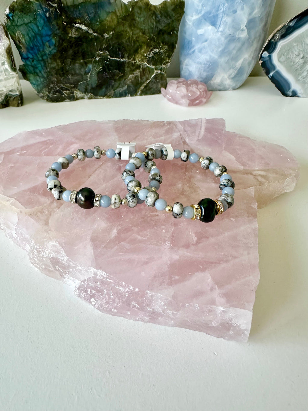 Royal - Black Pearl, Sesame Jasper and Angelite Gemstone Bracelets