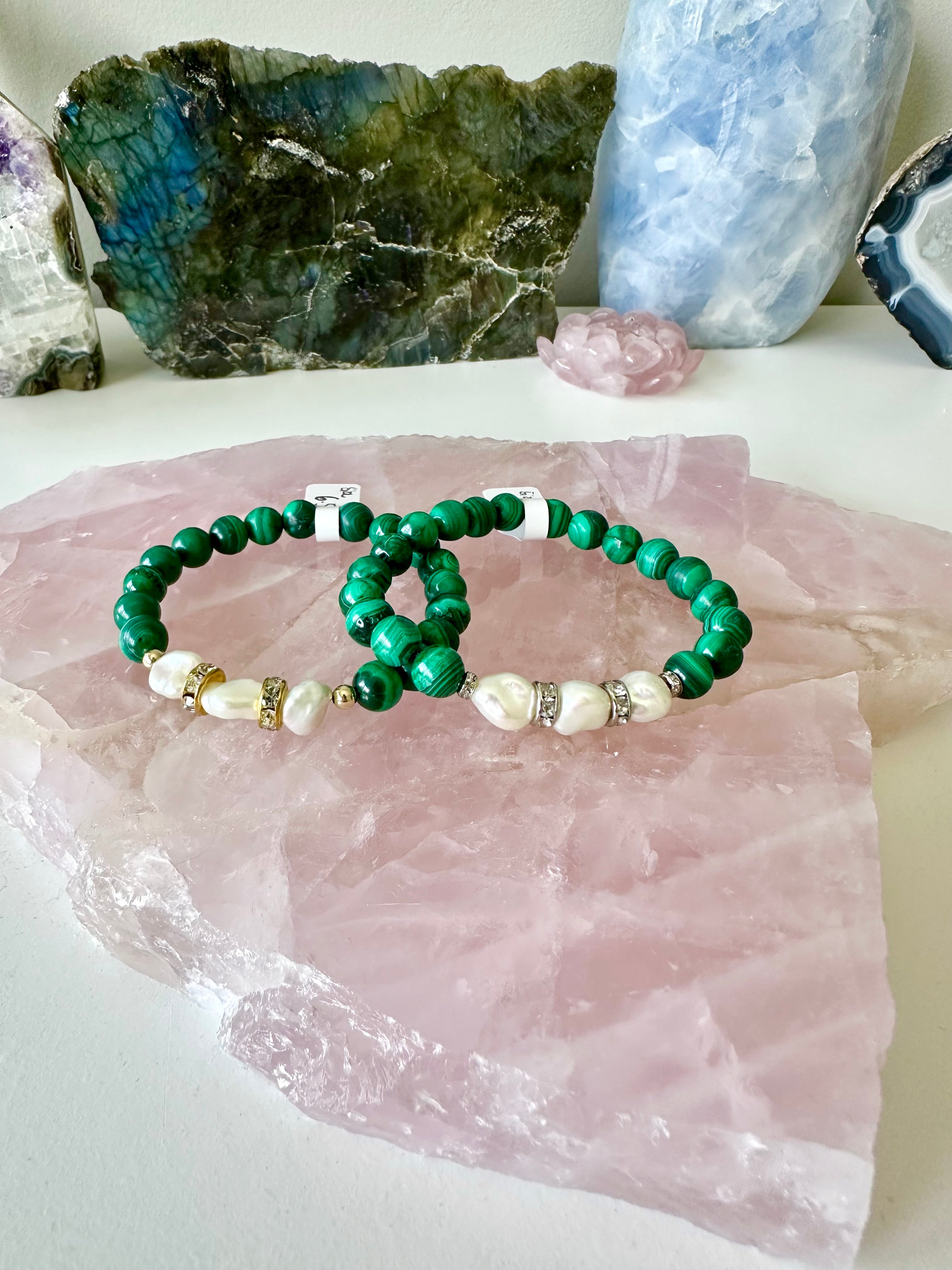 Daphne - Freshwater Pearl and Malachite Gemstone Bracelets