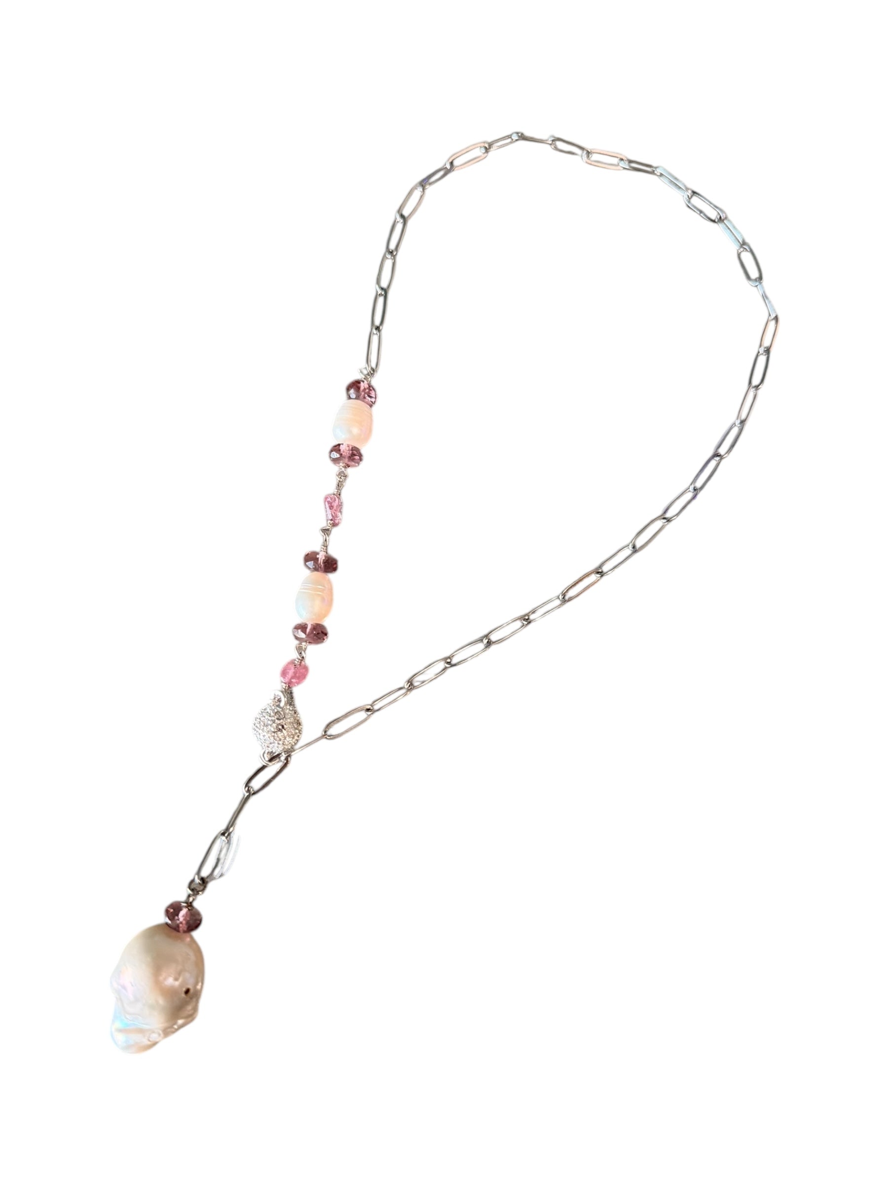 Eloise Gemstone Necklace - Cascading Pearl and Paperclip Chain Lariat Necklace | Trust, Wisdom and Peace