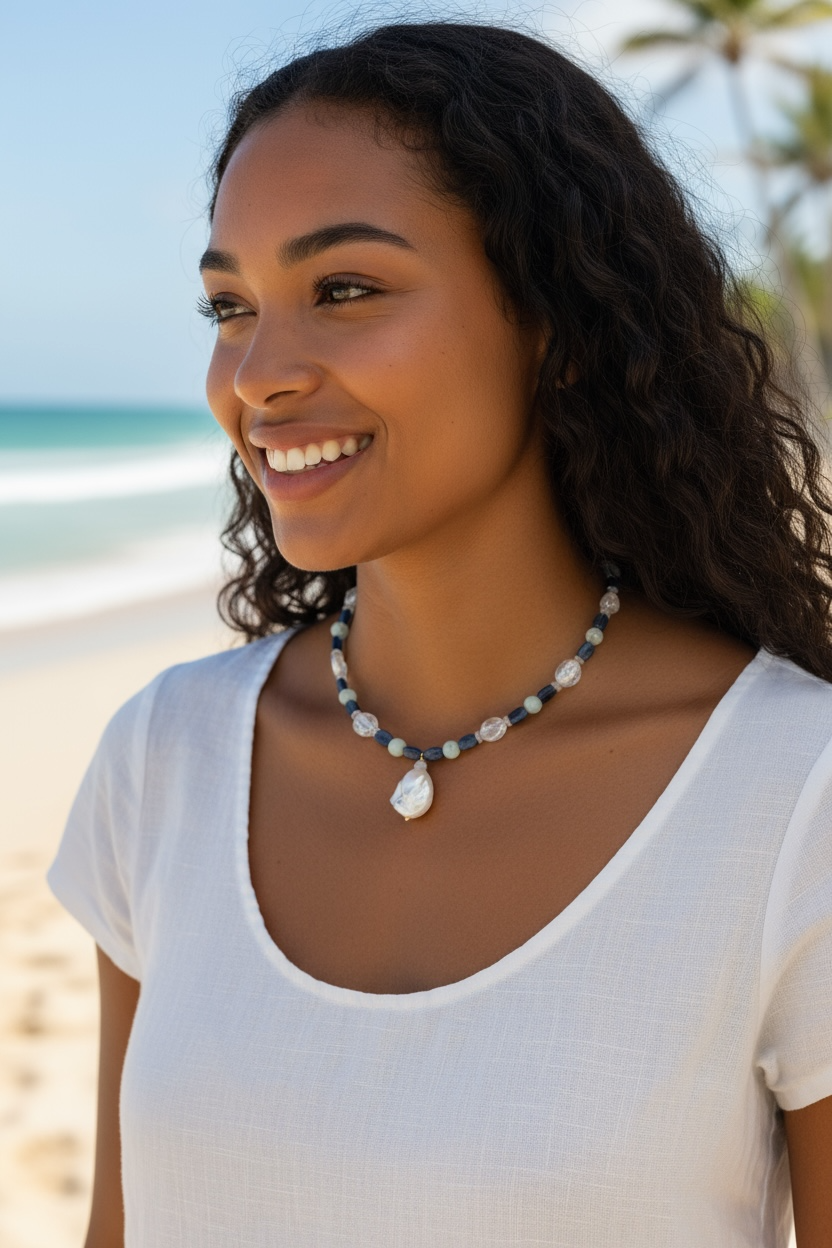 So Nauti Gemstone Necklace - Freshwater Pearl, Kyanite, Moonstone and Amazonite | Handmade Jewelry