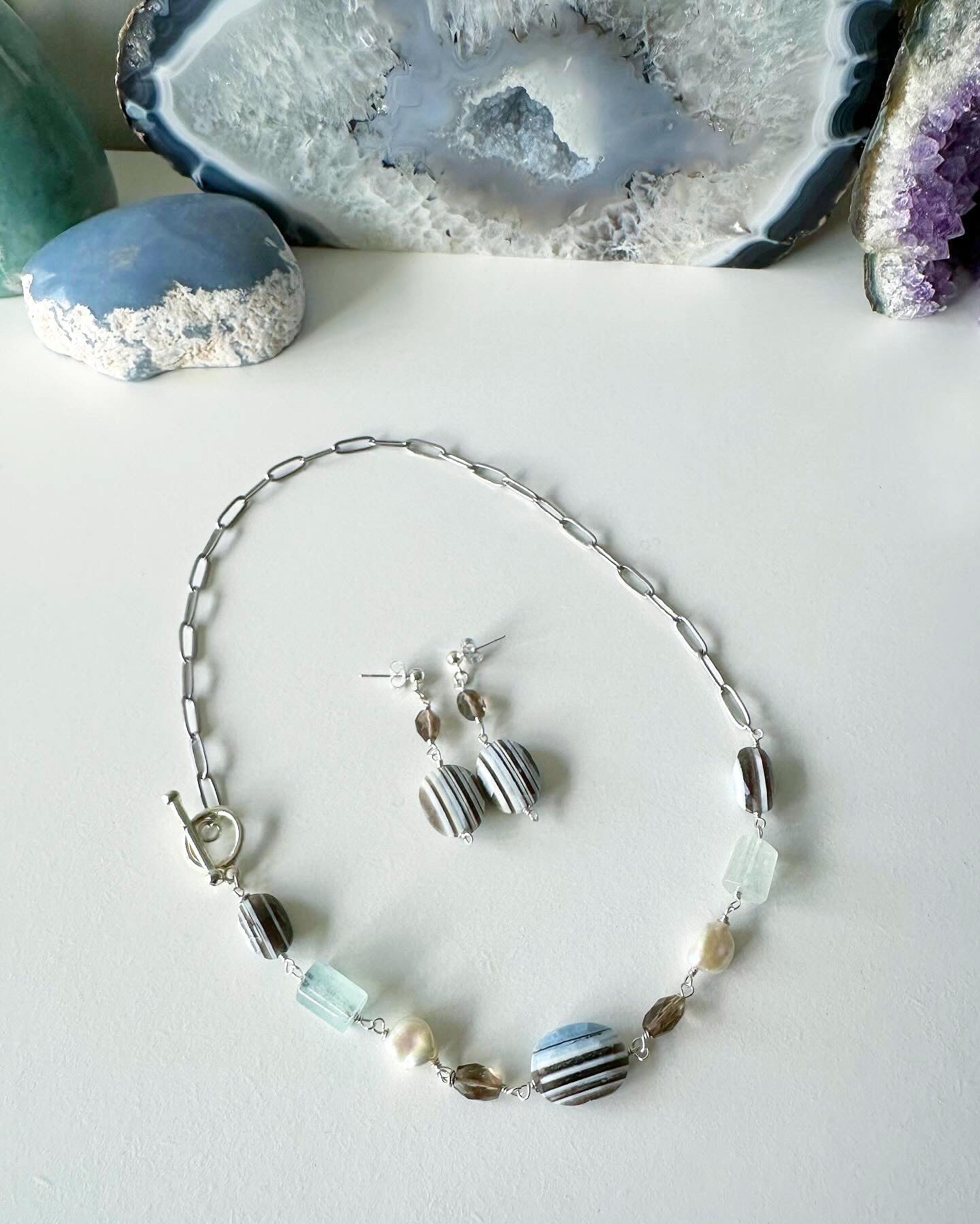 Maxine - Owyhee Blue Opal, Aquamarine, Smoky Quartz and Freshwater Pearl Gemstone Paperclip Chain Necklace and Earrings
