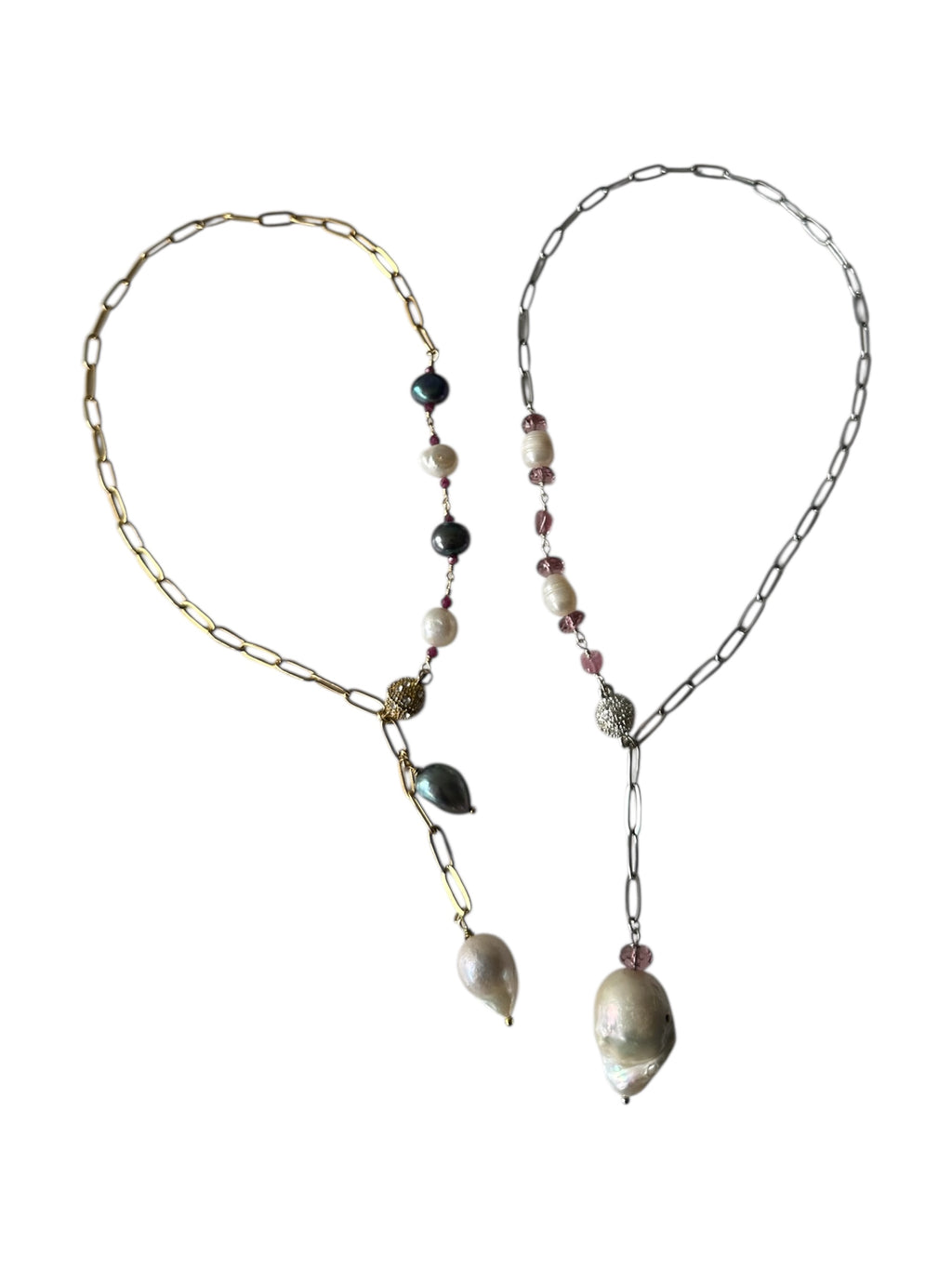 Lulu Gemstone Necklace - Cascading Pearl and Paperclip Chain Lariat Necklace | Handmade Jewelry
