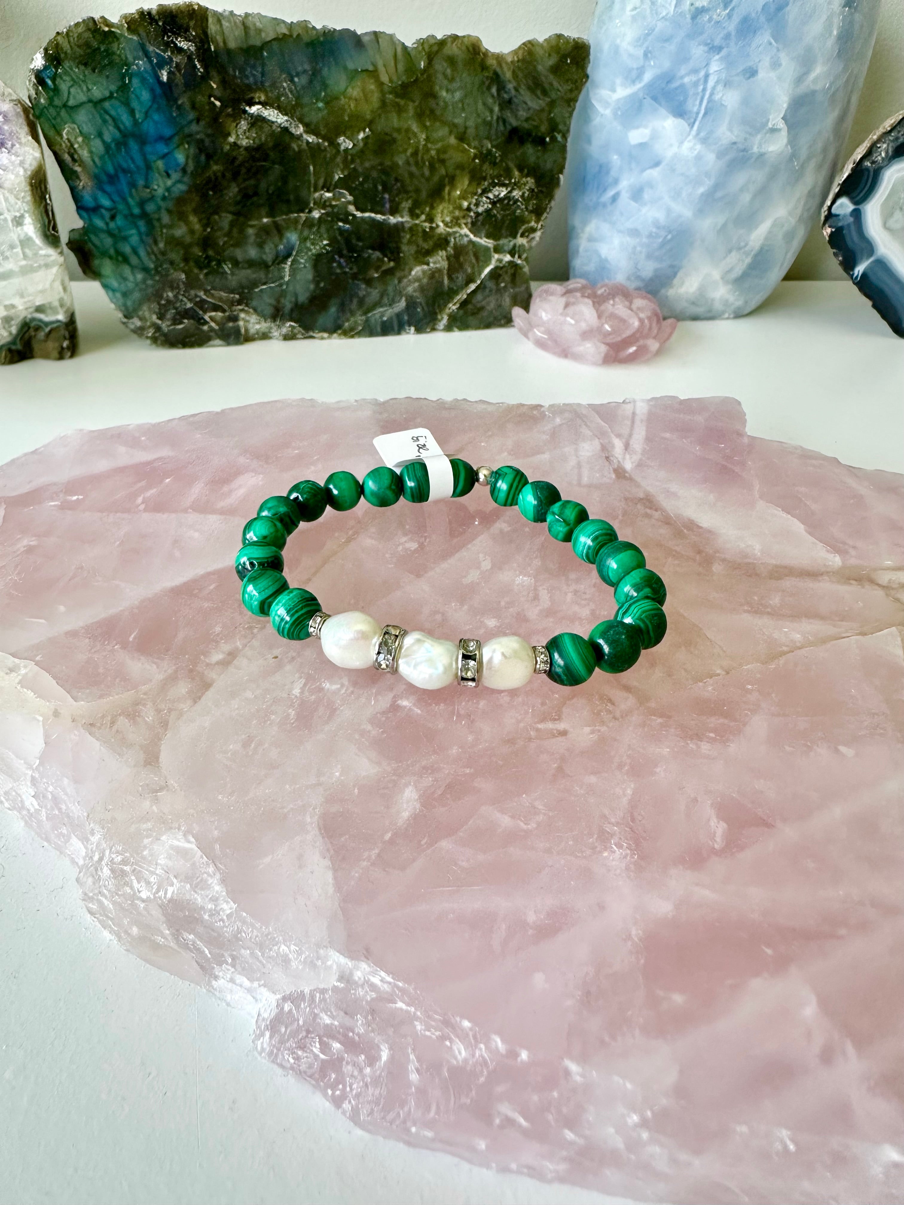 Daphne - Freshwater Pearl and Malachite Gemstone Bracelets
