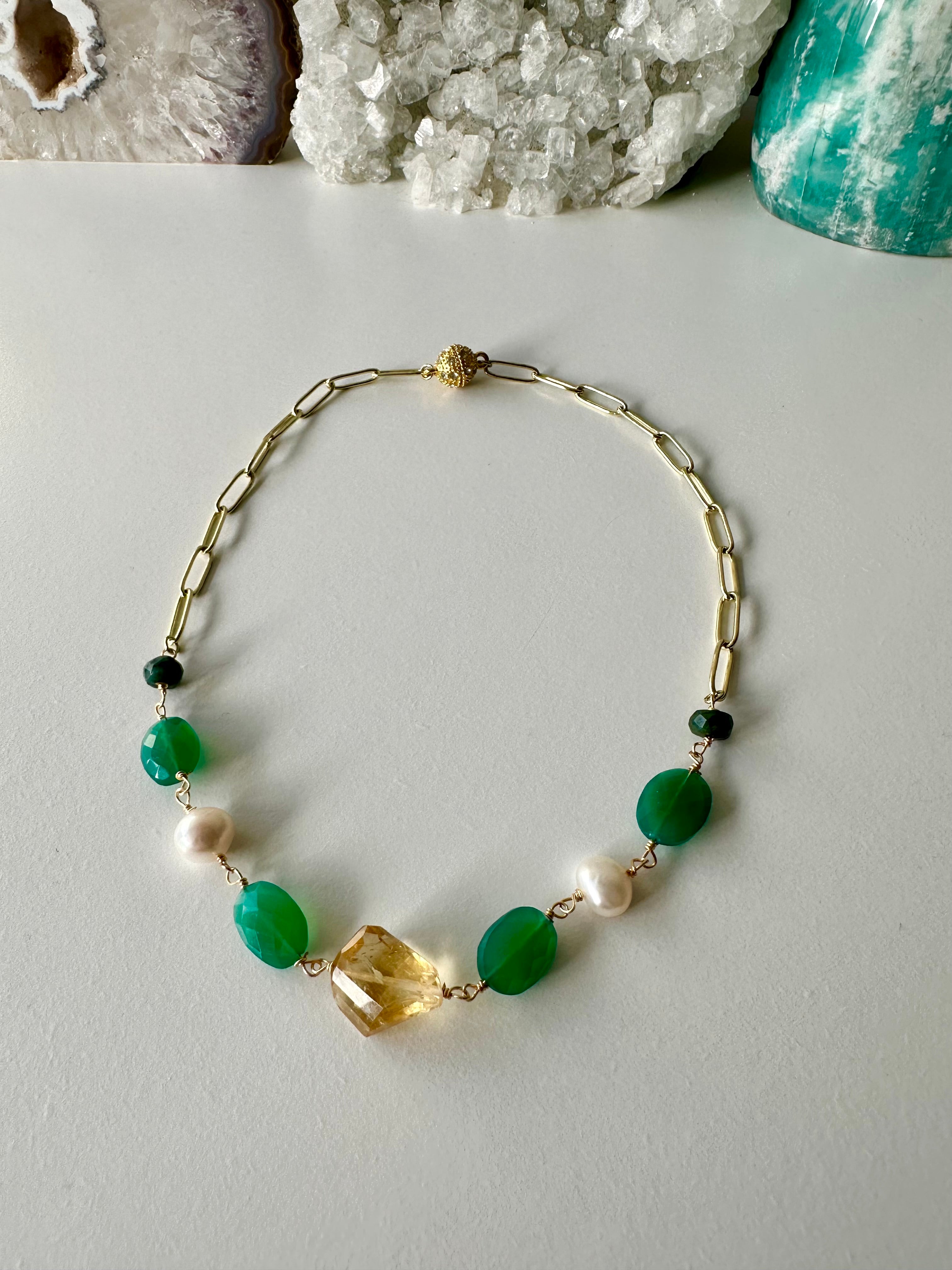 Celia - Citrine, Green Onyx, Freshwater Pearl and Emerald Gemstone Paperclip Chain Necklace