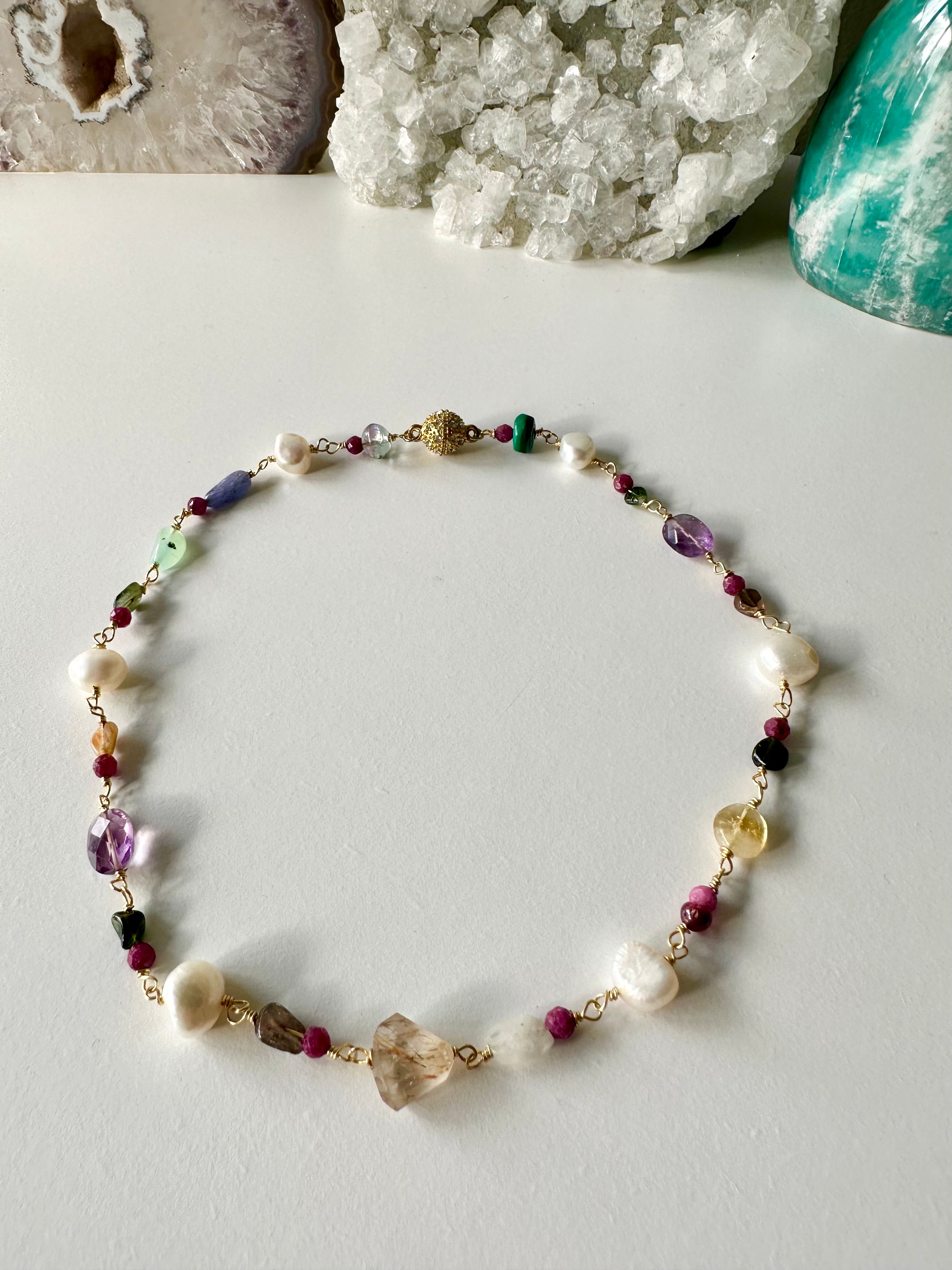 Confetti - Rutilated Quartz, Amethyst, Citrine, Tanzanite, Ruby, Malachite, Fluorite, Moonstone, Chrysoprase, Tourmaline and Freshwater Pearl Gemstone Necklace