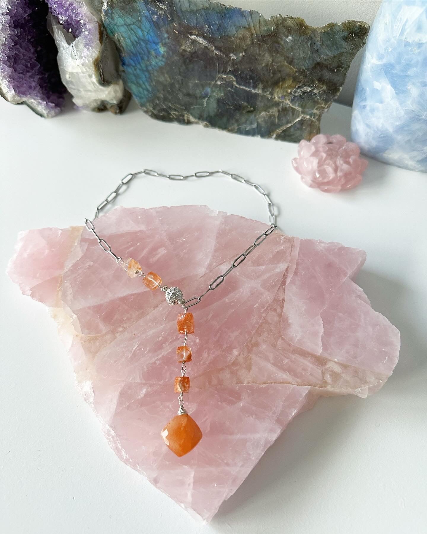 Nora - Cascading Sunstone Gemstone Paperclip Chain Lariat Necklace