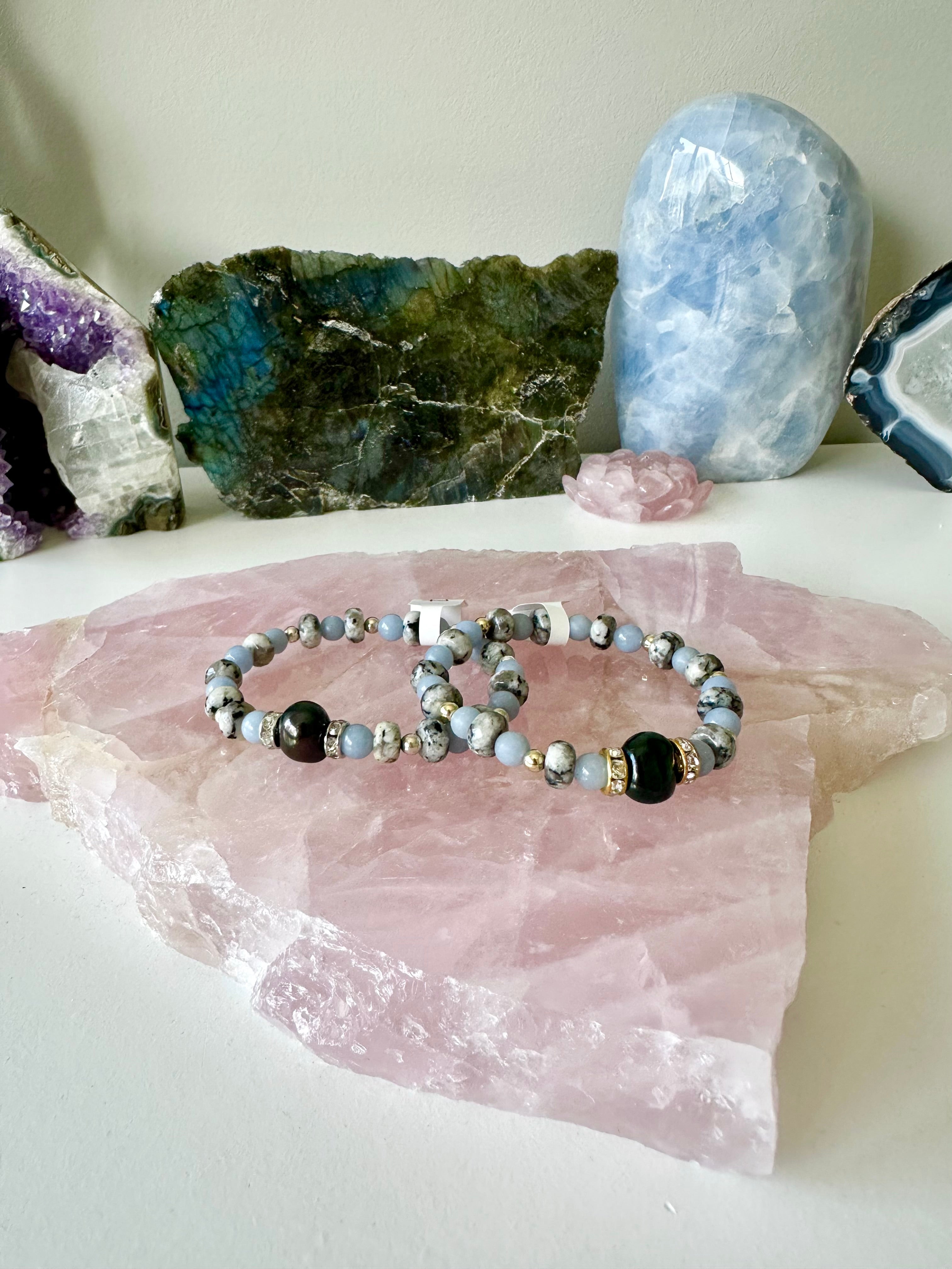 Royal - Black Pearl, Sesame Jasper and Angelite Gemstone Bracelets