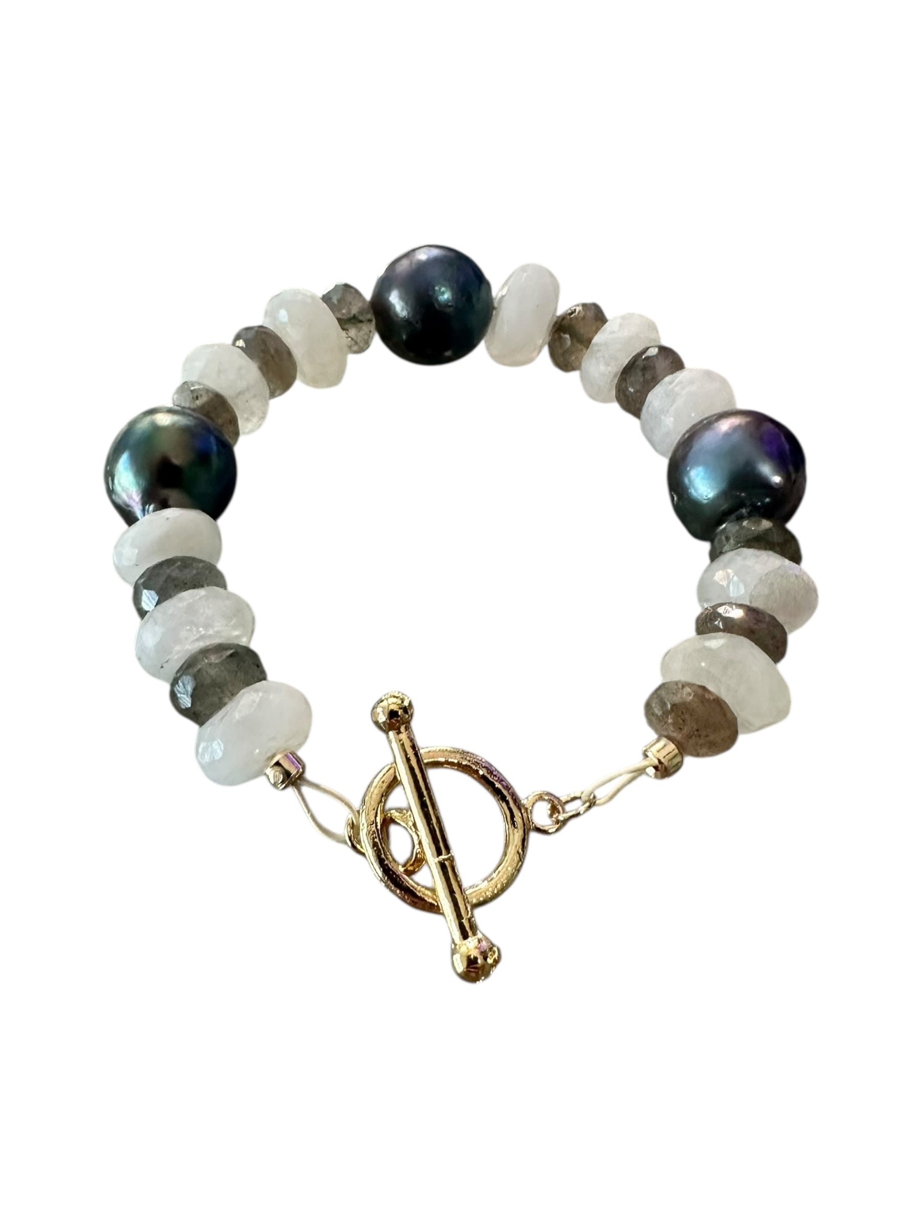Selene Gemstone Bracelet - Tahitian Black Pearl, Labradorite and Moonstone | Handmade Jewelry
