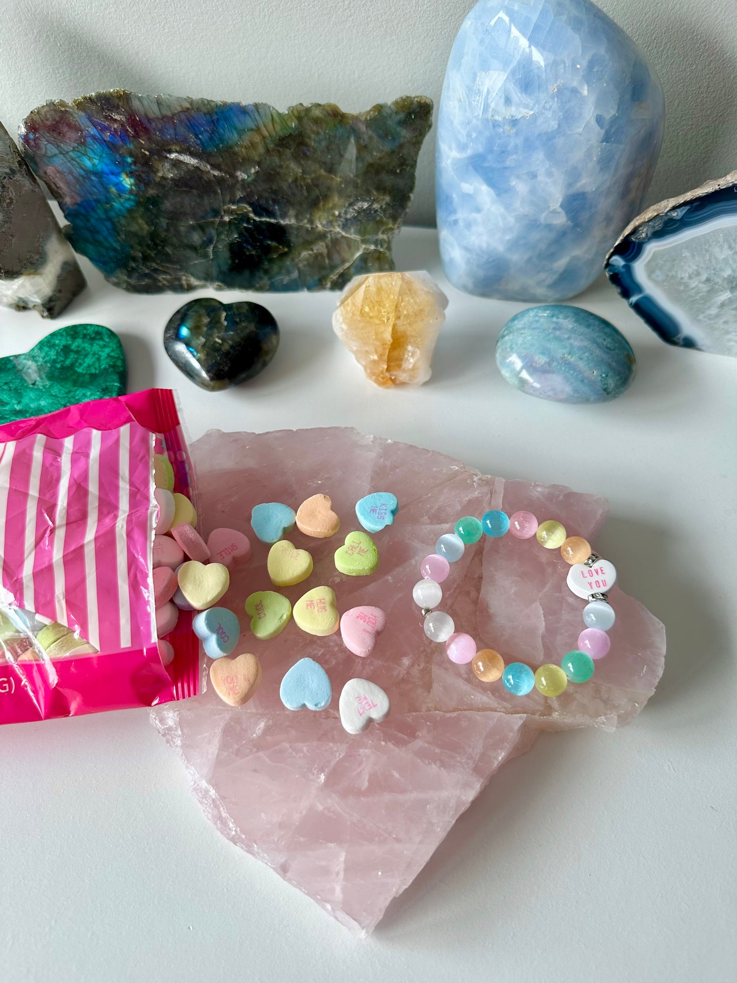 Candy Hearts - Valentine’s Day Candy Hearts and Selenite Gemstone Bracelets