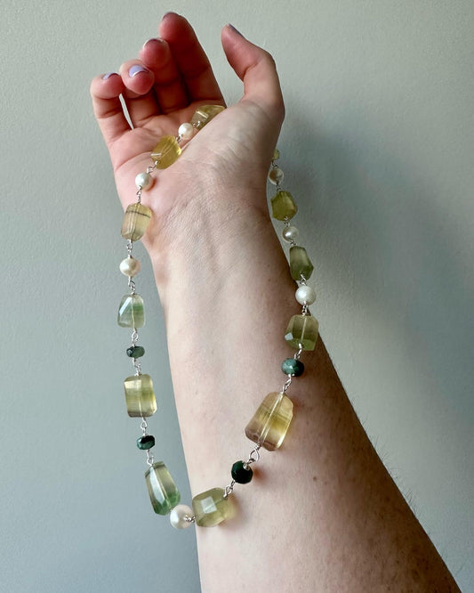 Daisy - Fluorite, Emerald, Freshwater Pearl Gemstone Necklace