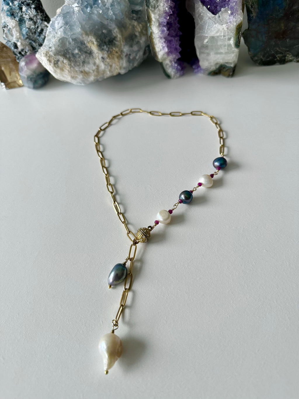Lulu - Cascading Pearl and Gemstone Paperclip Chain Lariat Necklace