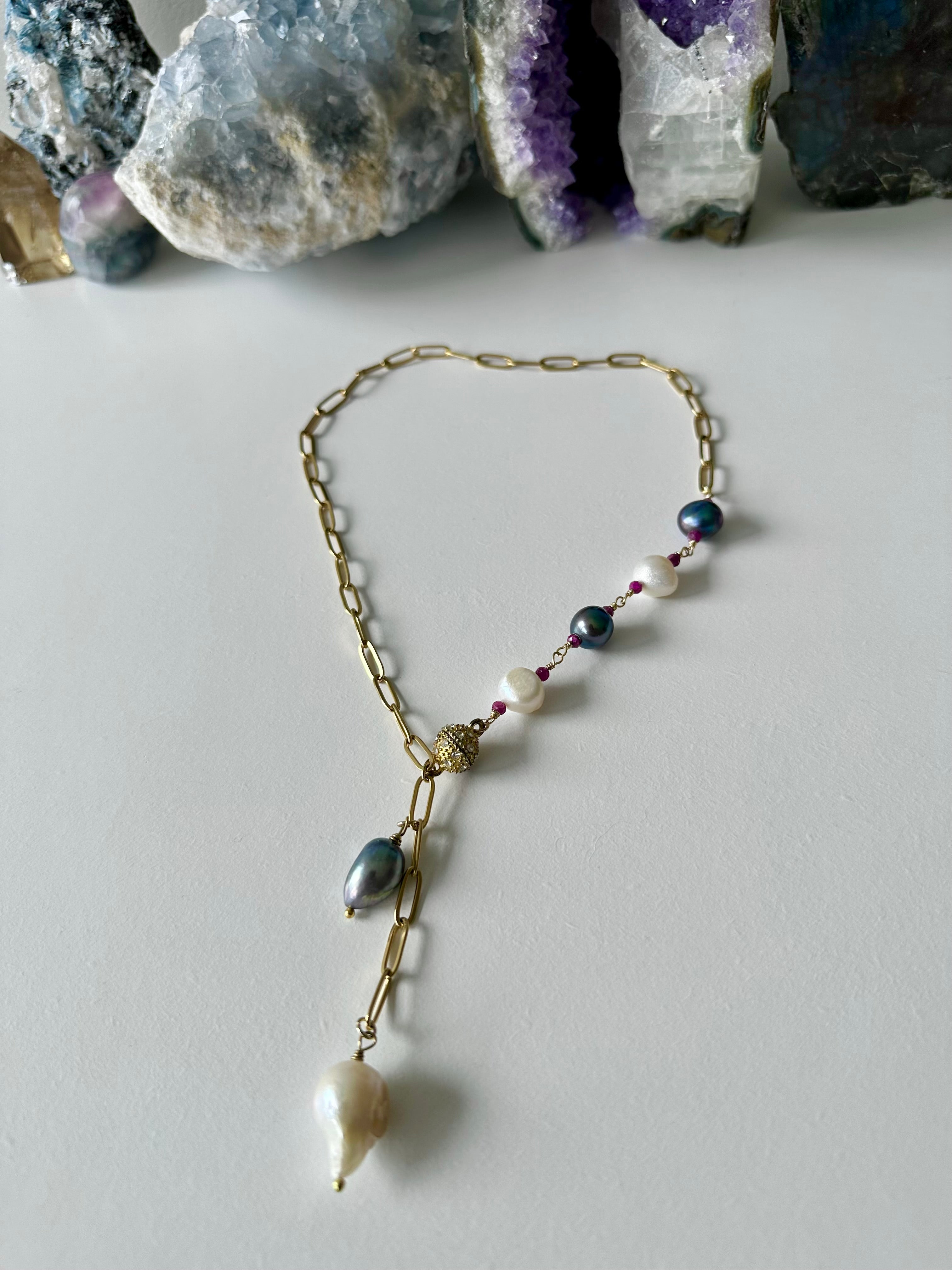 Lulu - Cascading Pearl and Gemstone Paperclip Chain Lariat Necklace